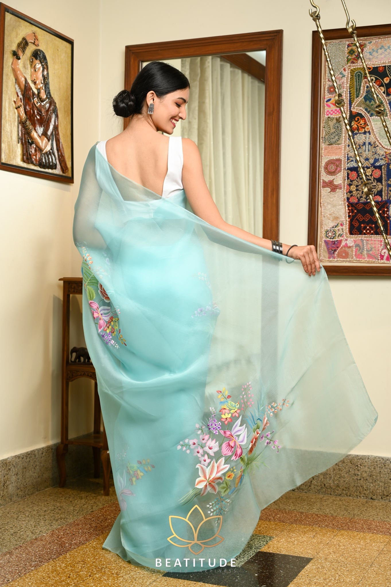 Blue Pure Organza Handpainted Saree