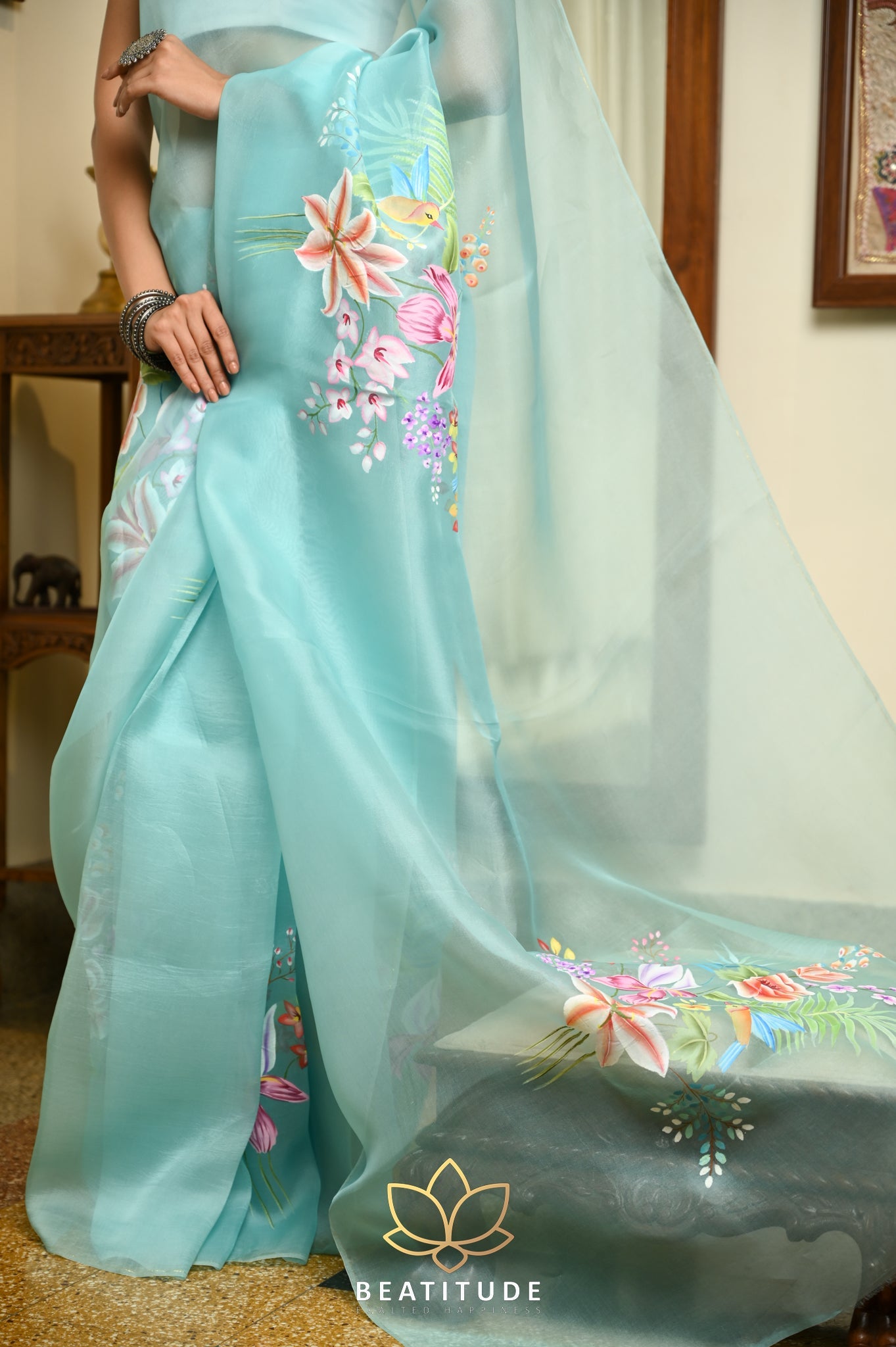 Blue Pure Organza Handpainted Saree