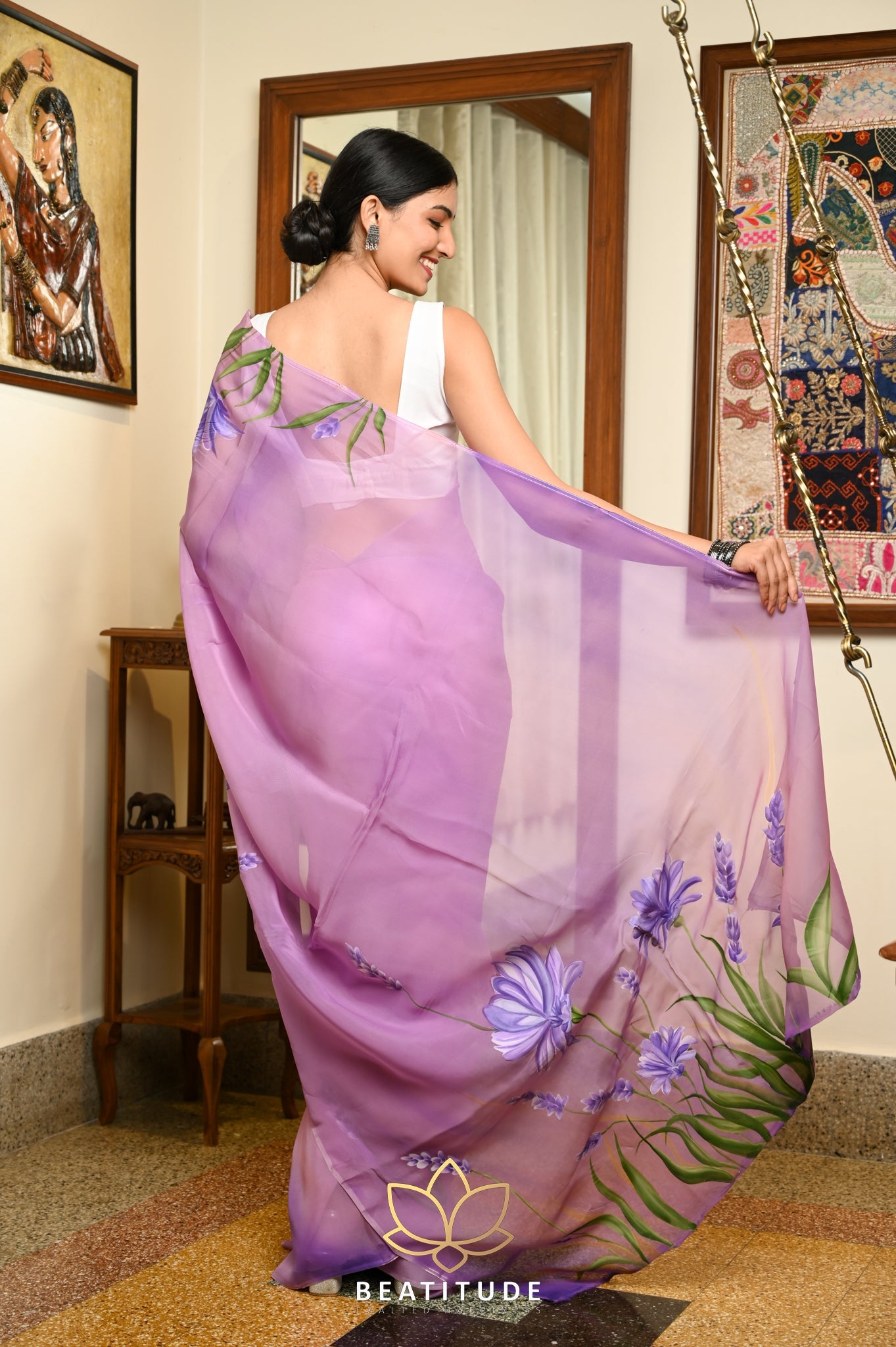 Lilac Viscose Handpainted Saree
