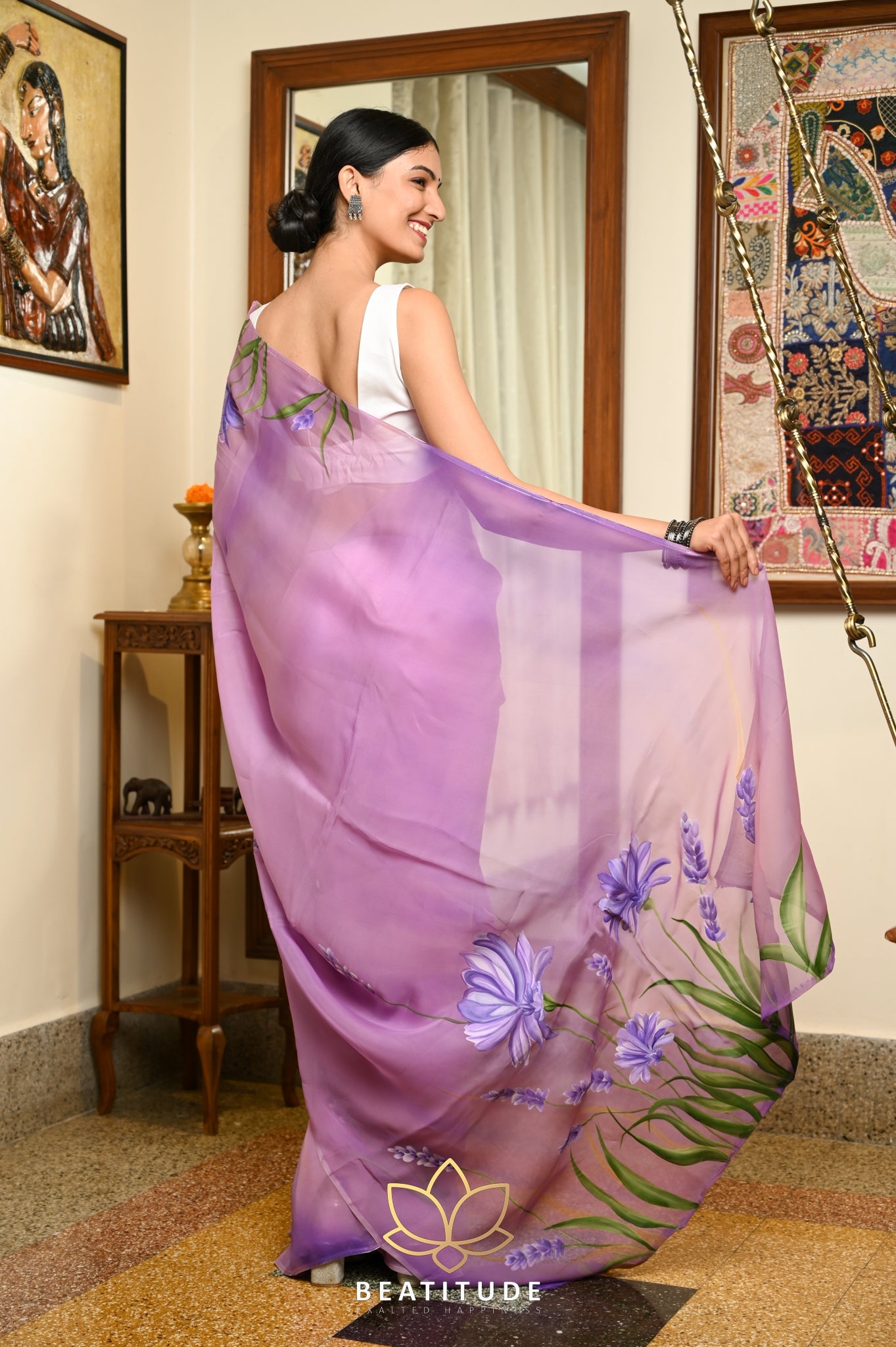 Lilac Viscose Handpainted Saree