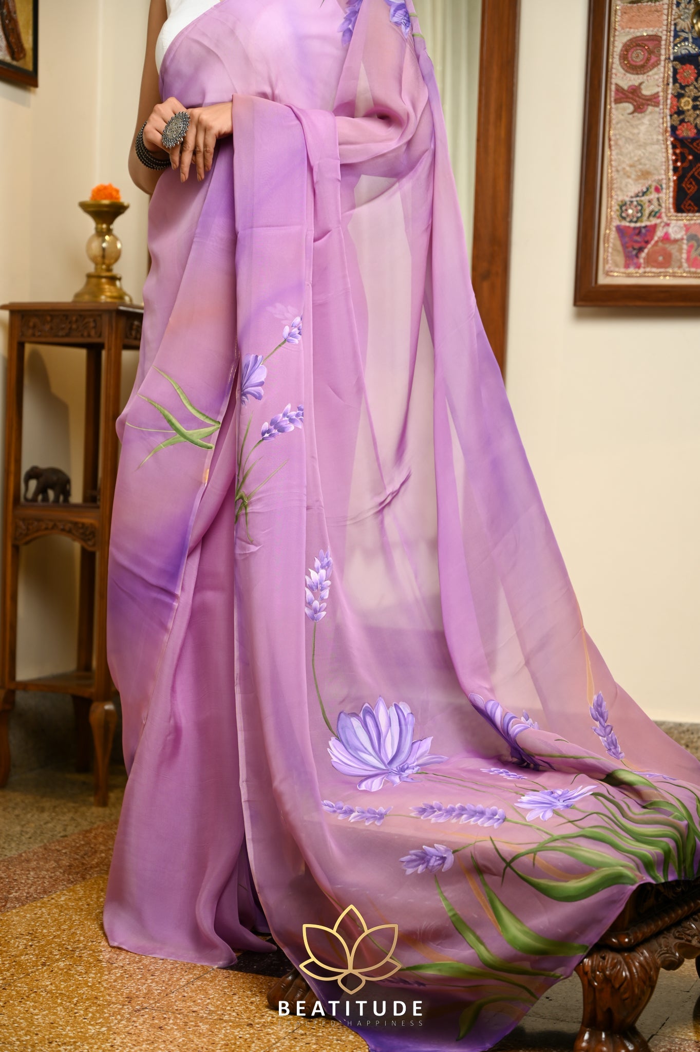 Lilac Viscose Handpainted Saree
