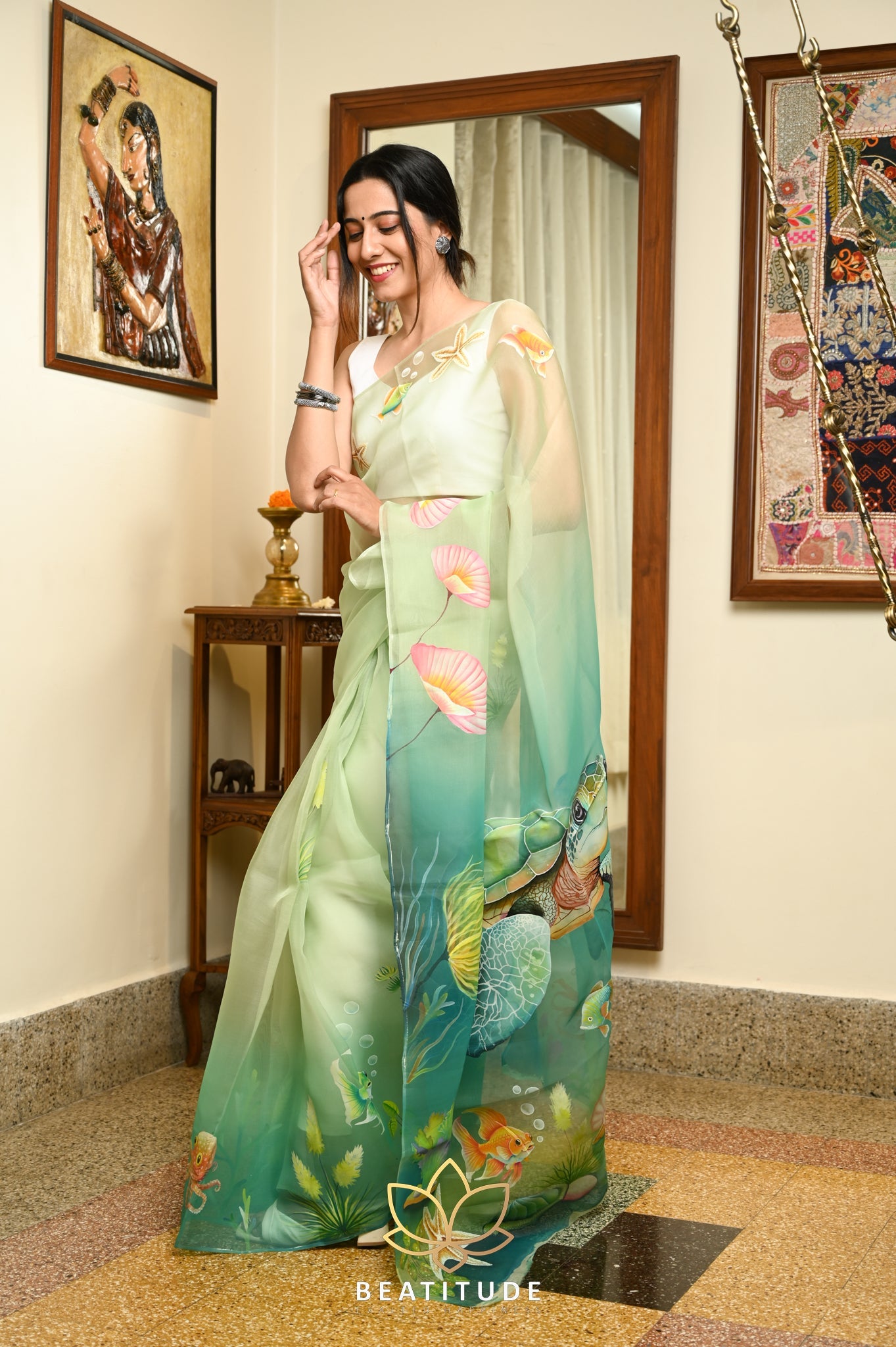 Tea Green Pure Organza Handpainted Saree