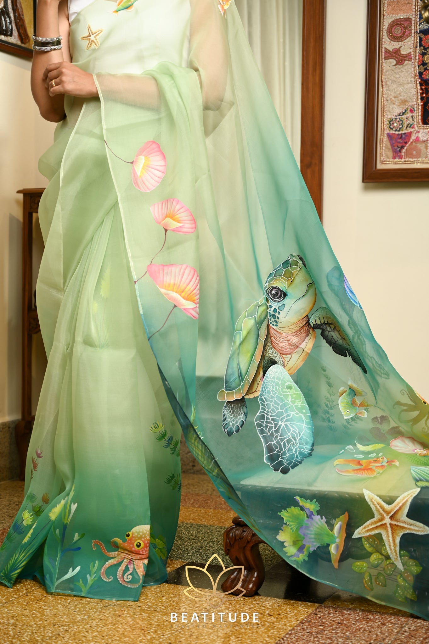 Tea Green Pure Organza Handpainted Saree