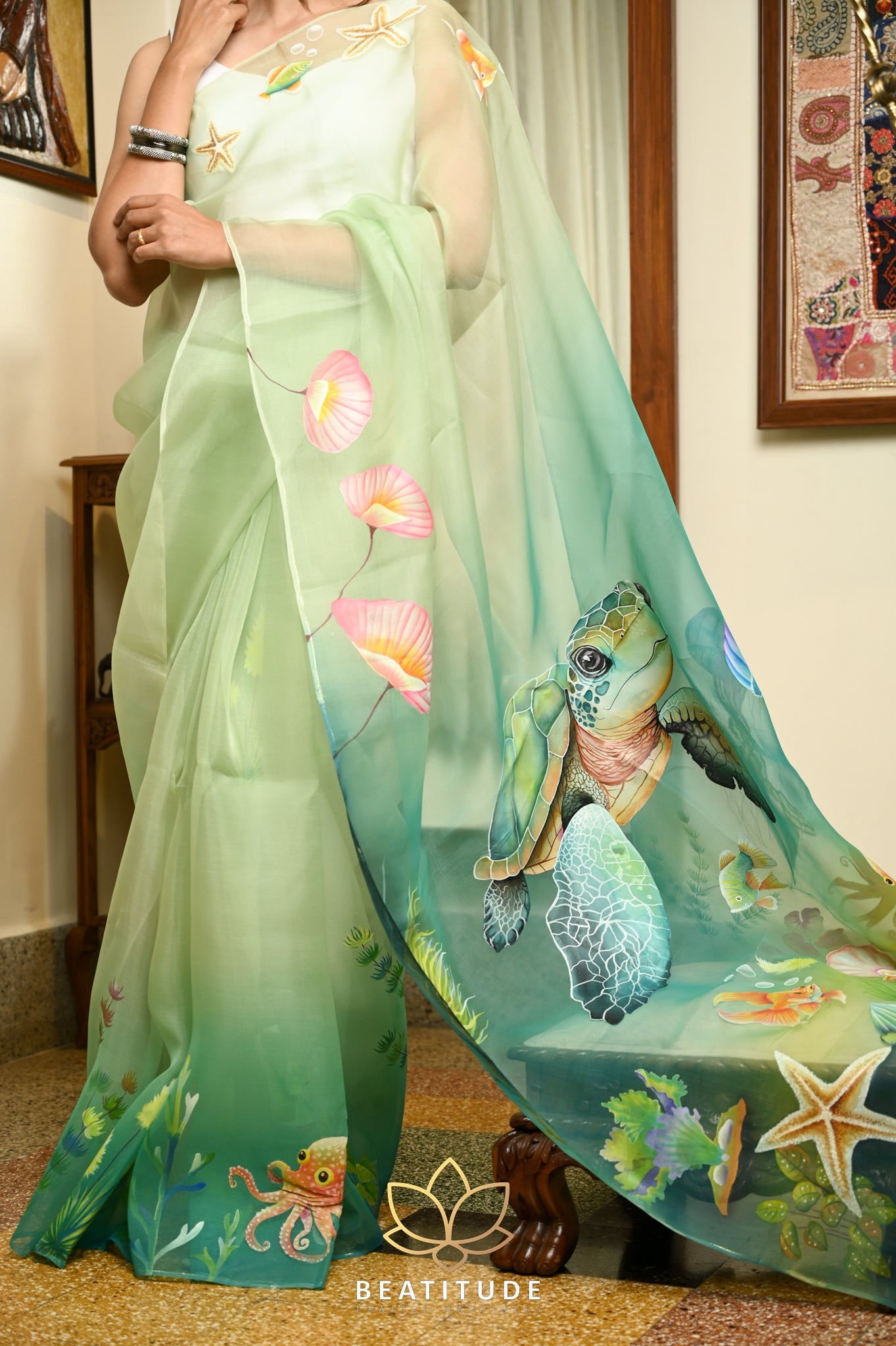 Tea Green Pure Organza Handpainted Saree