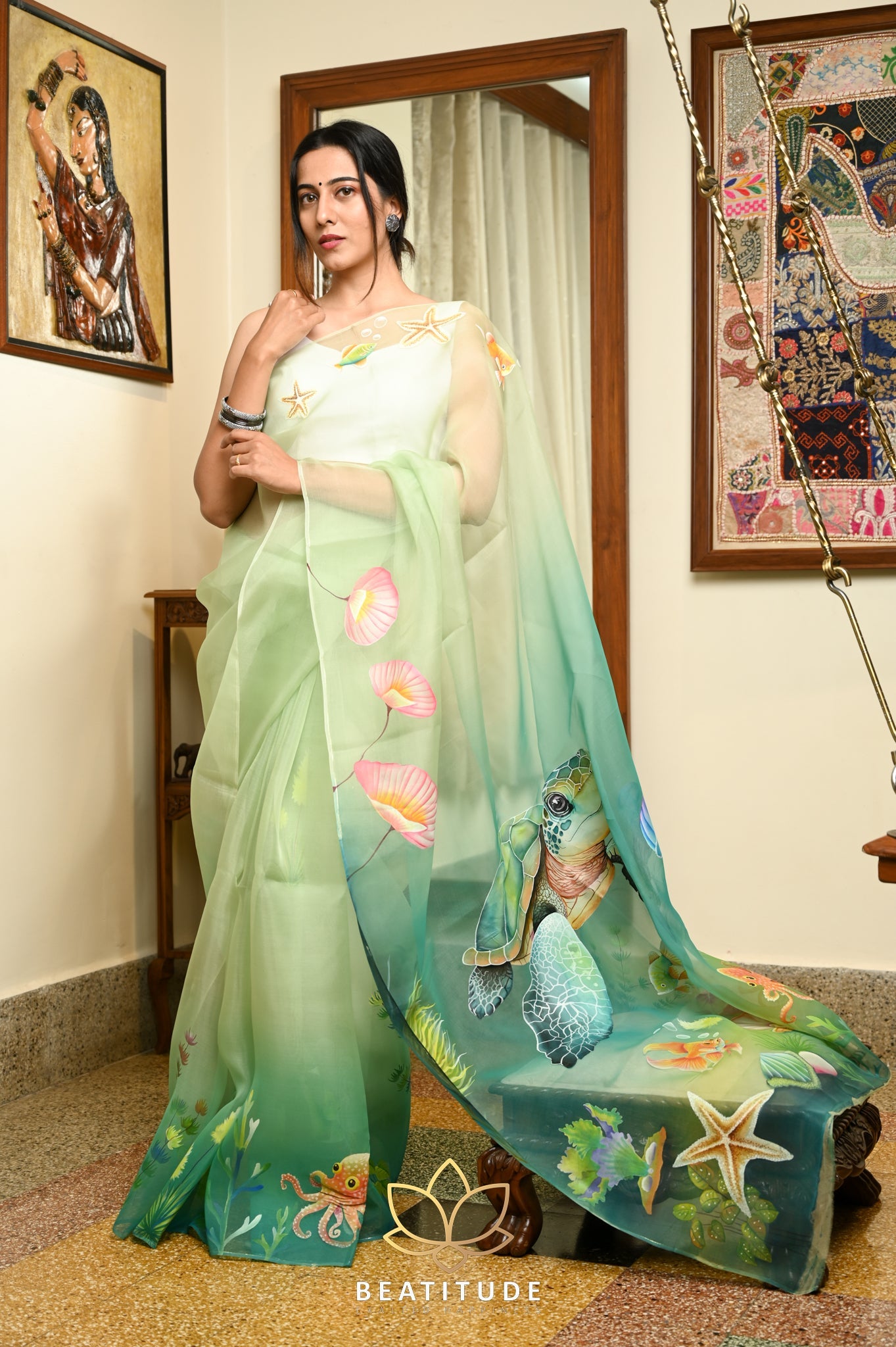 Tea Green Pure Organza Handpainted Saree