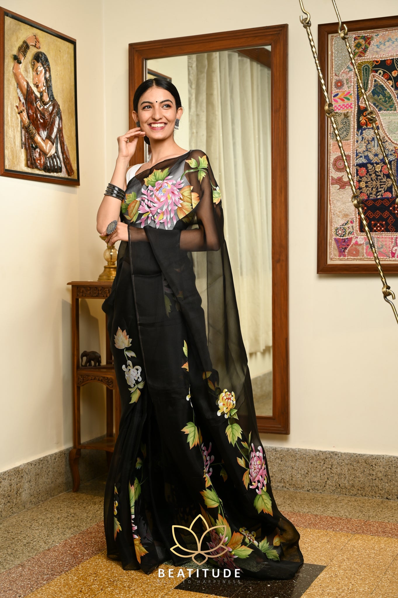 Black Pure Organza Handpainted Saree
