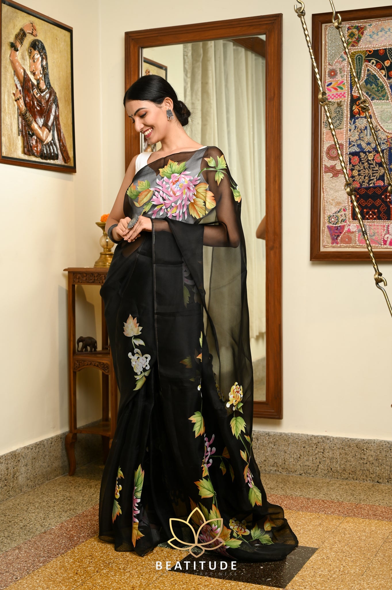 Black Pure Organza Handpainted Saree