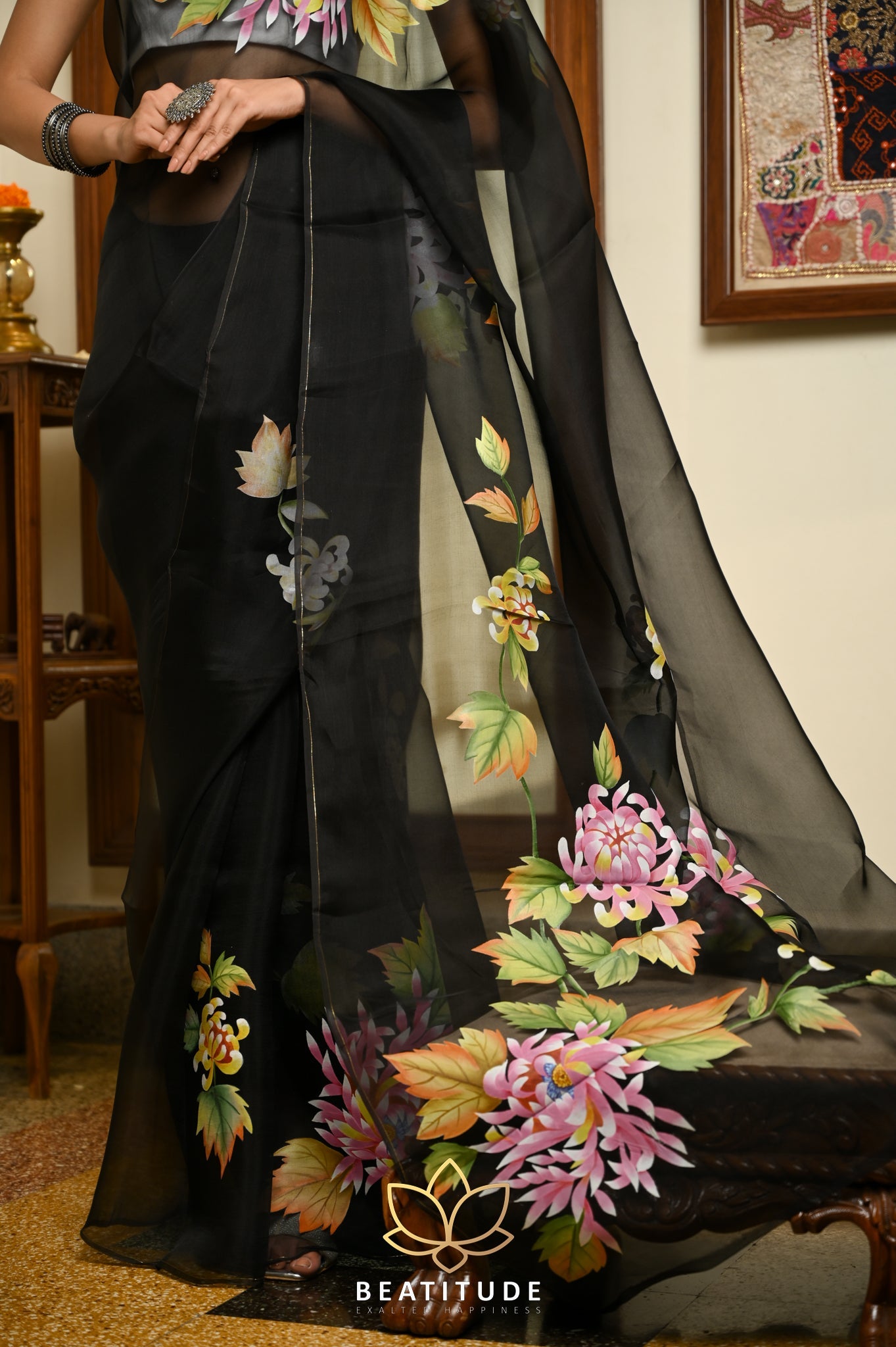 Black Pure Organza Handpainted Saree