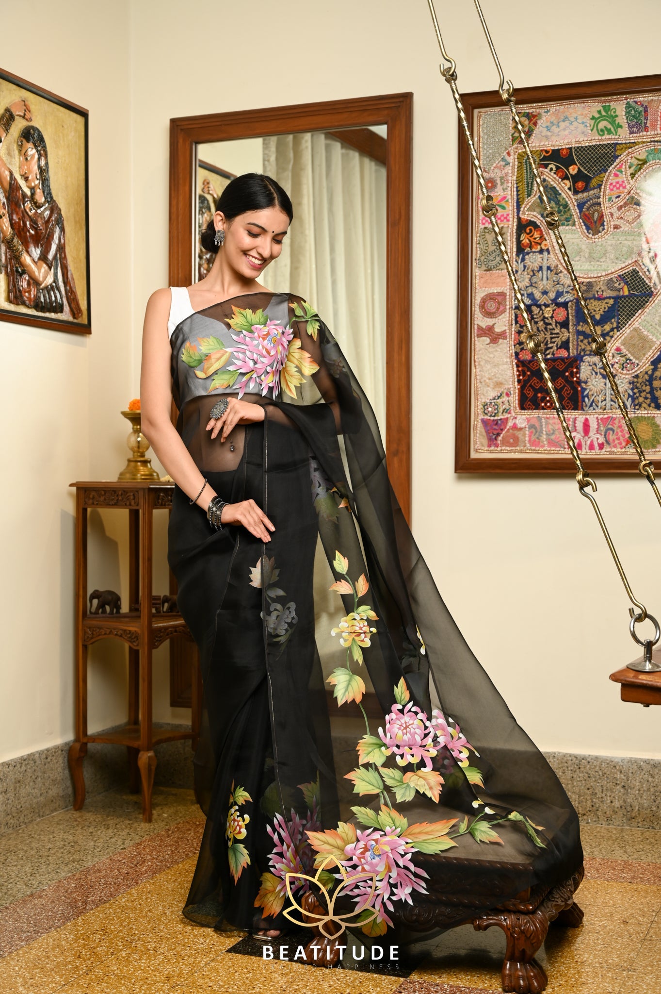 Black Pure Organza Handpainted Saree