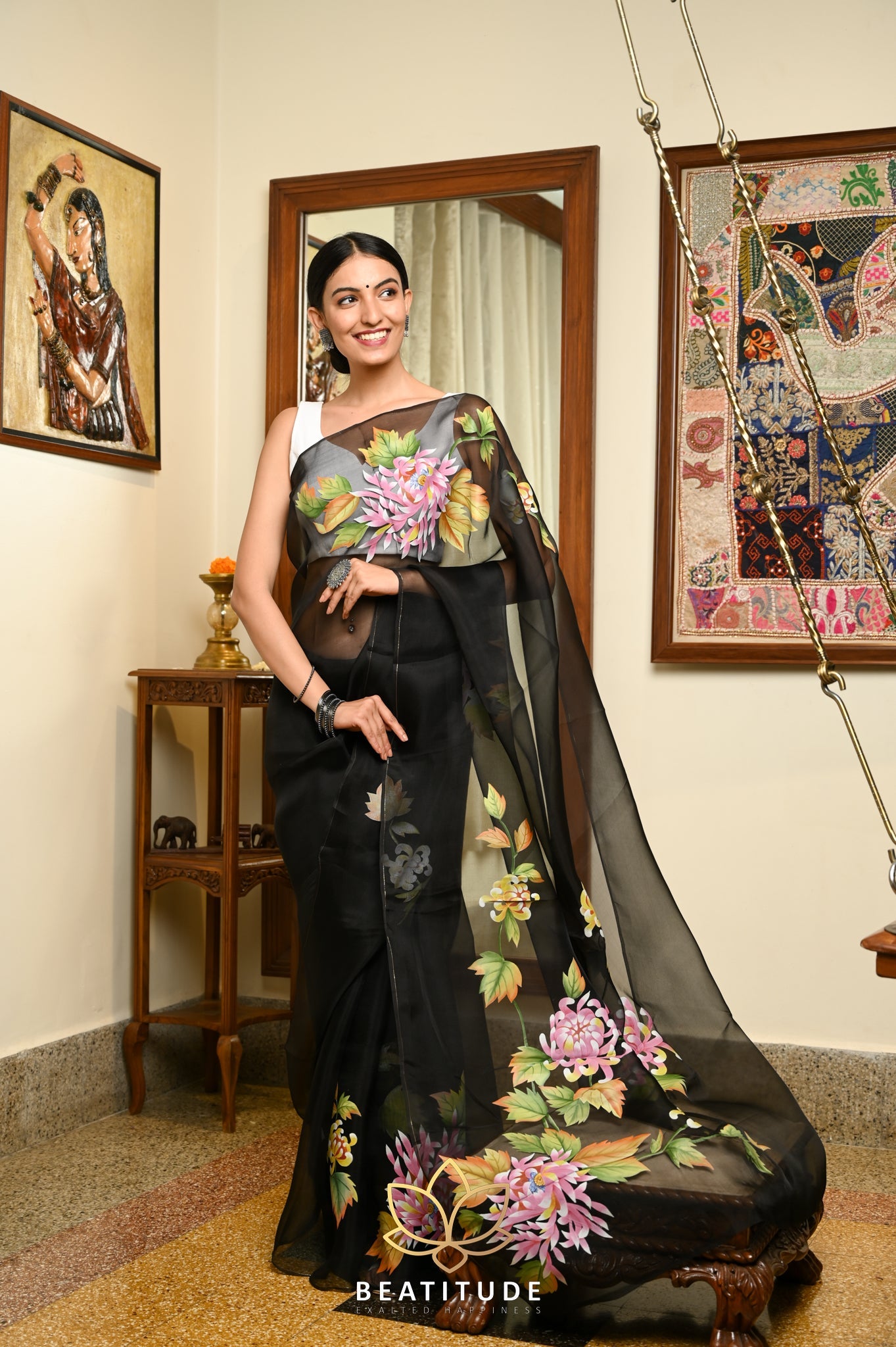 Black Pure Organza Handpainted Saree
