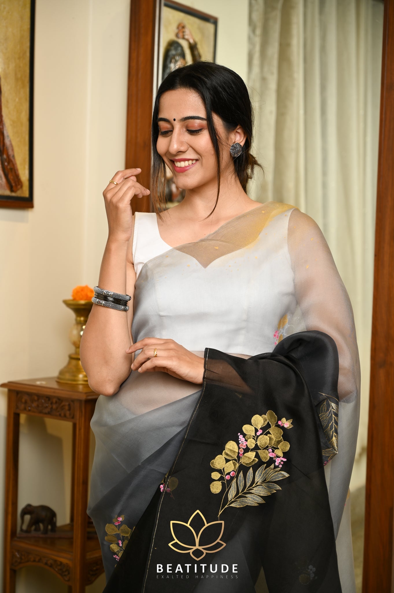 Black Pure Organza Handpainted Saree