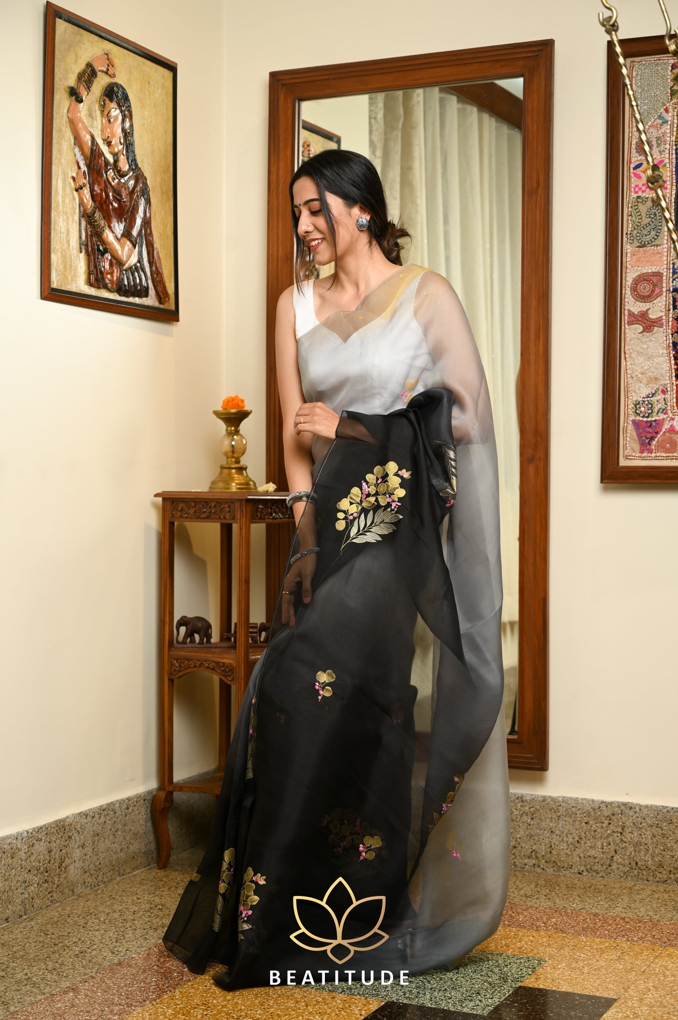 Black Pure Organza Handpainted Saree