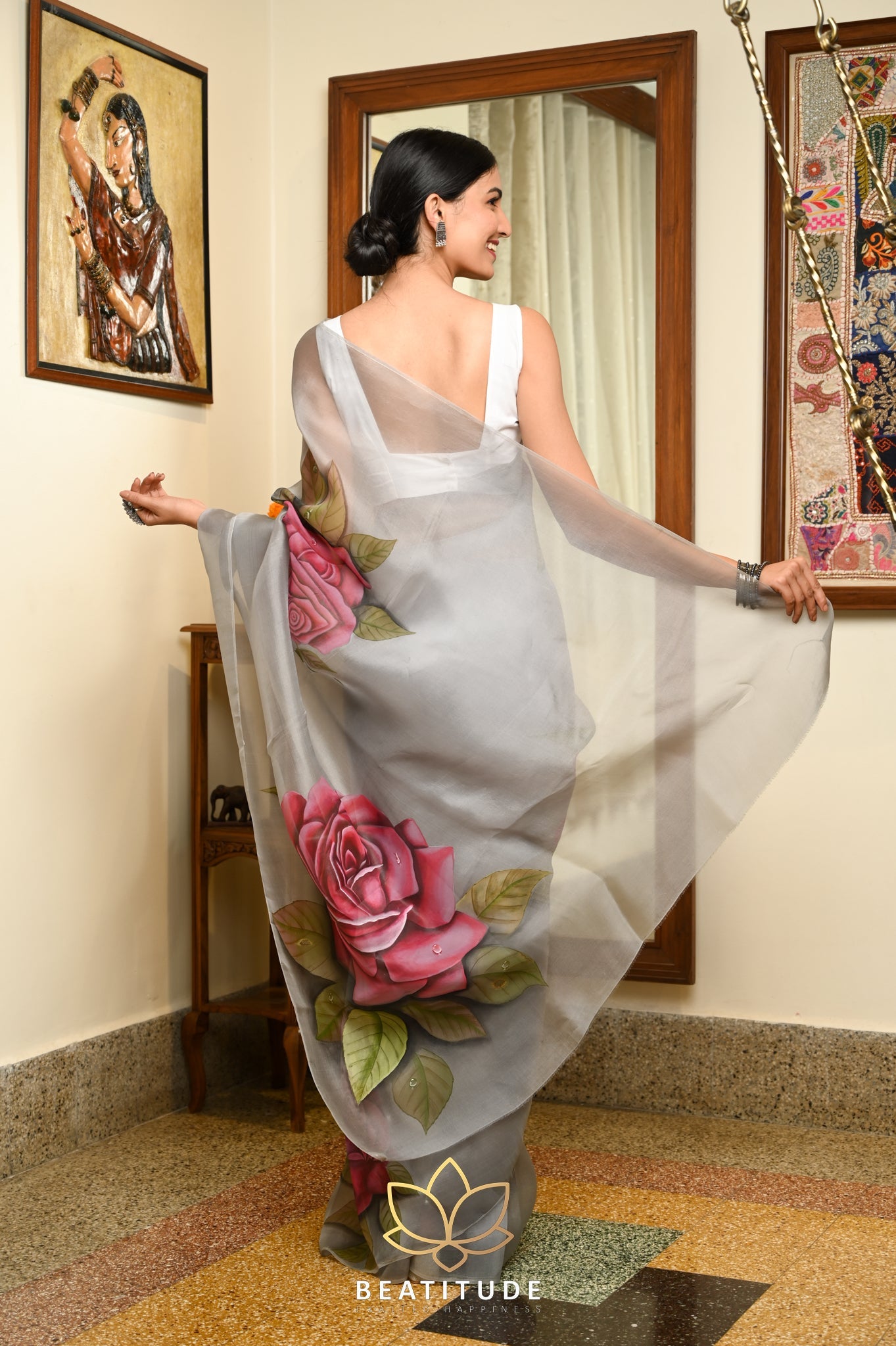 Grey Pure Organza Handpainted Saree
