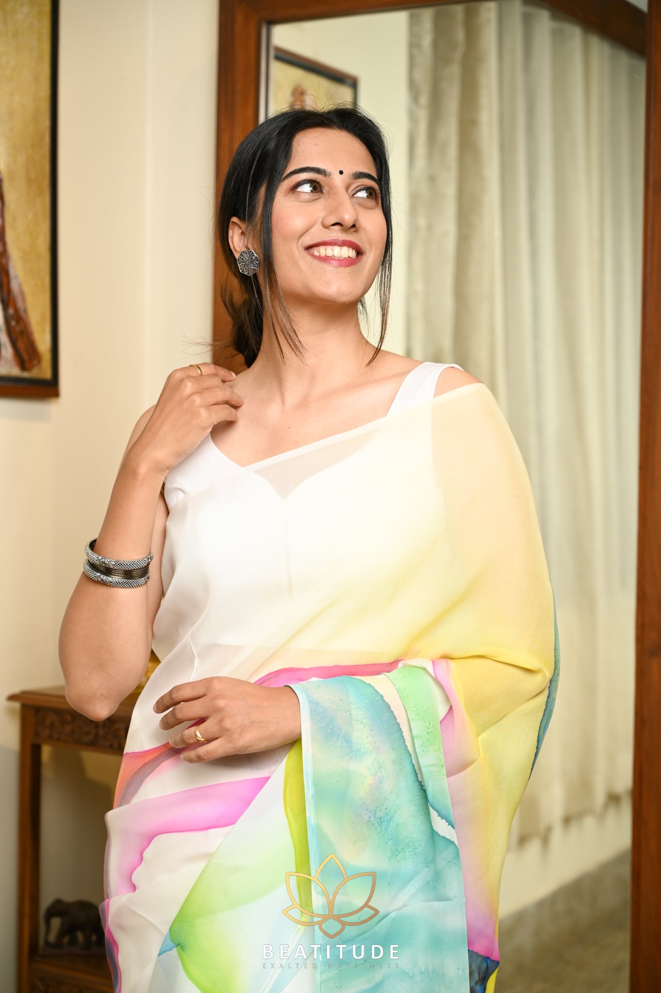 White Viscose Handpainted Saree