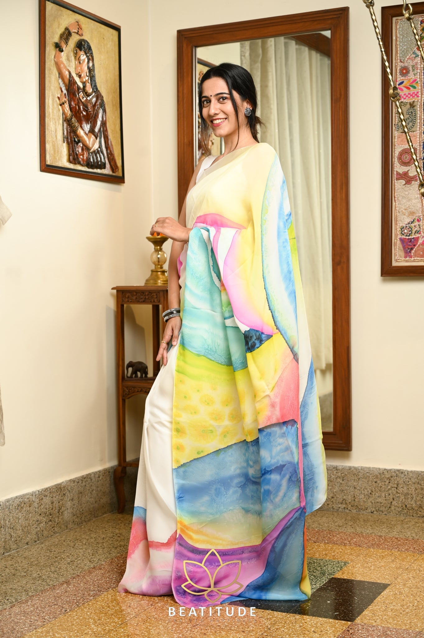 White Viscose Handpainted Saree