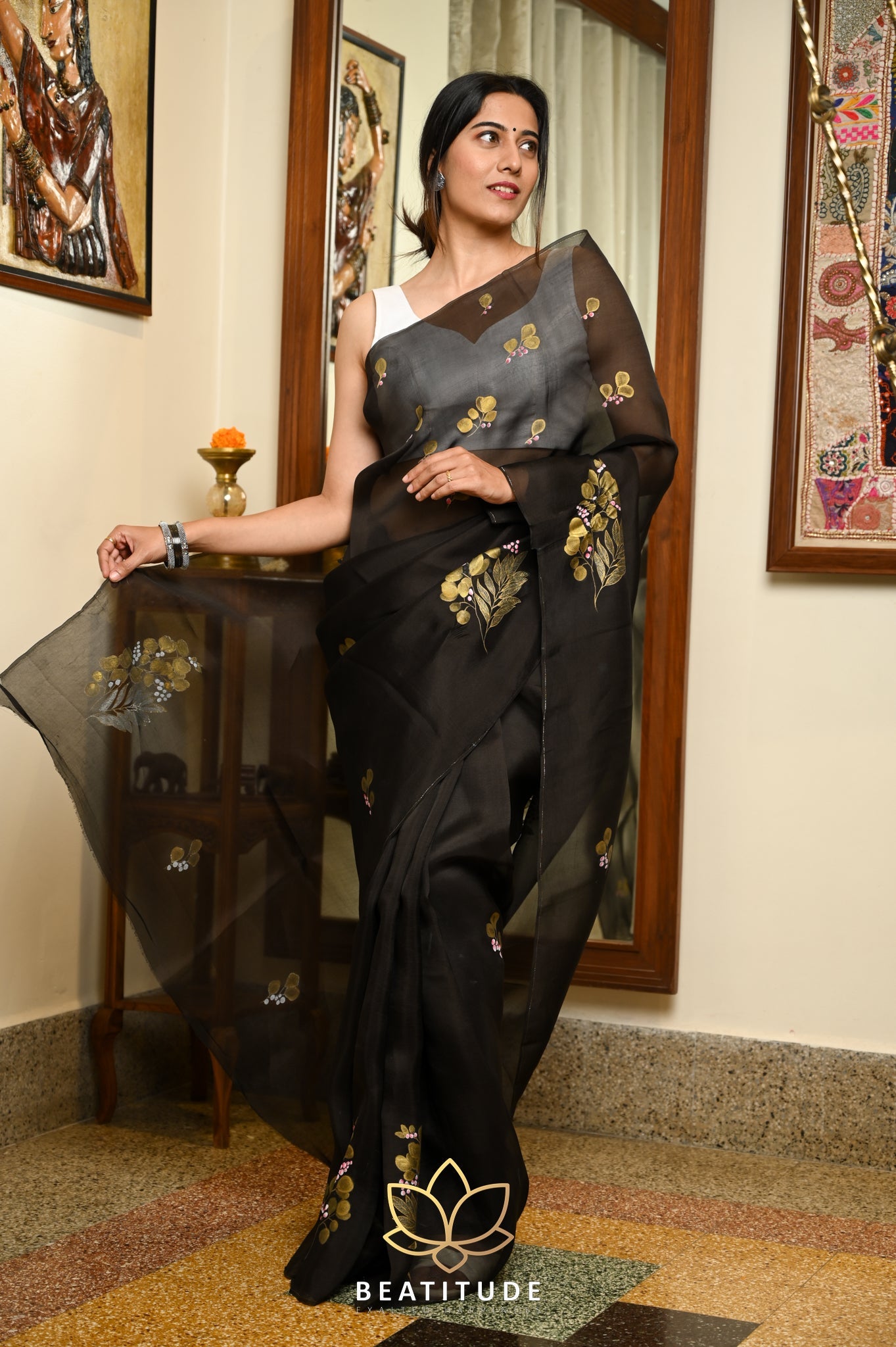 Black Pure Organza Handpainted Saree