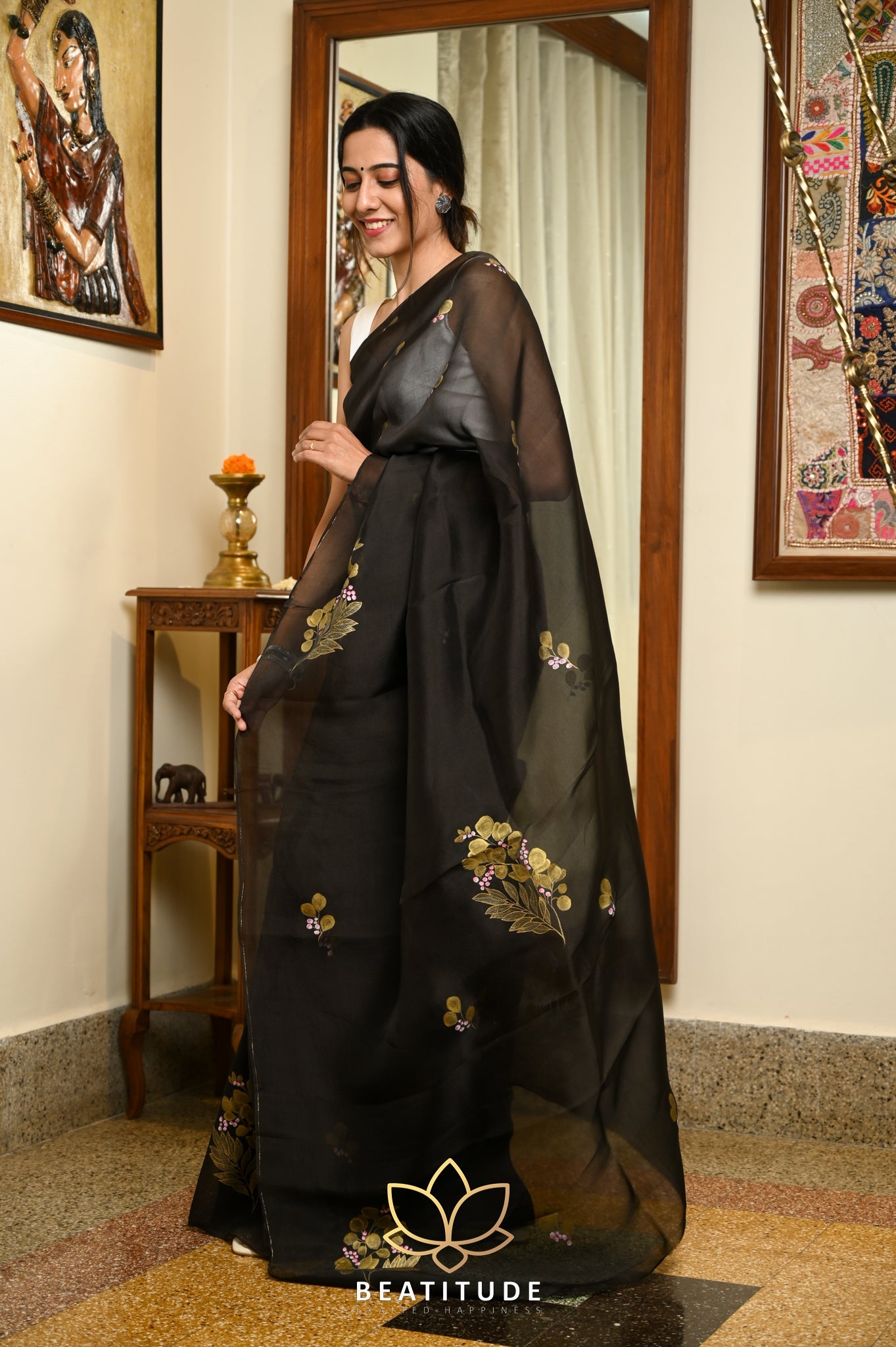 Black Pure Organza Handpainted Saree