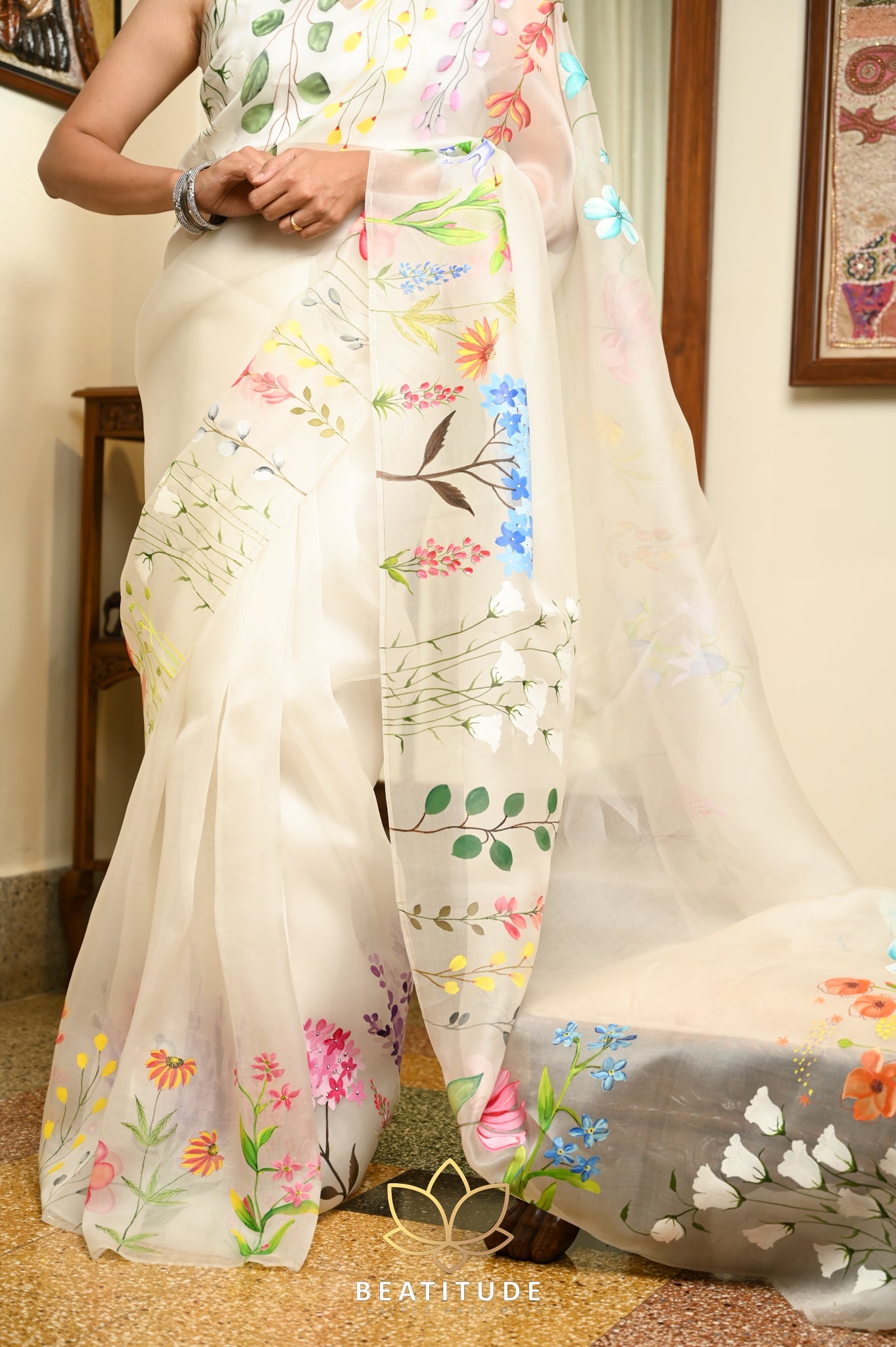 Off White Pure Organza Handpainted Saree