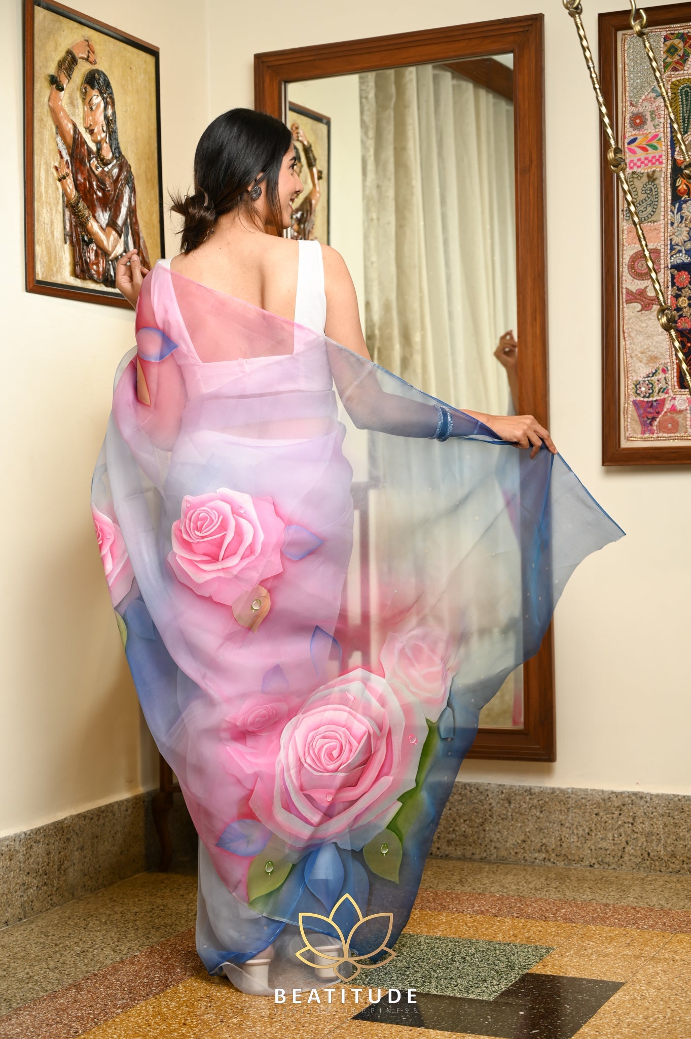 Baby Blue Pure Organza Handpainted Saree
