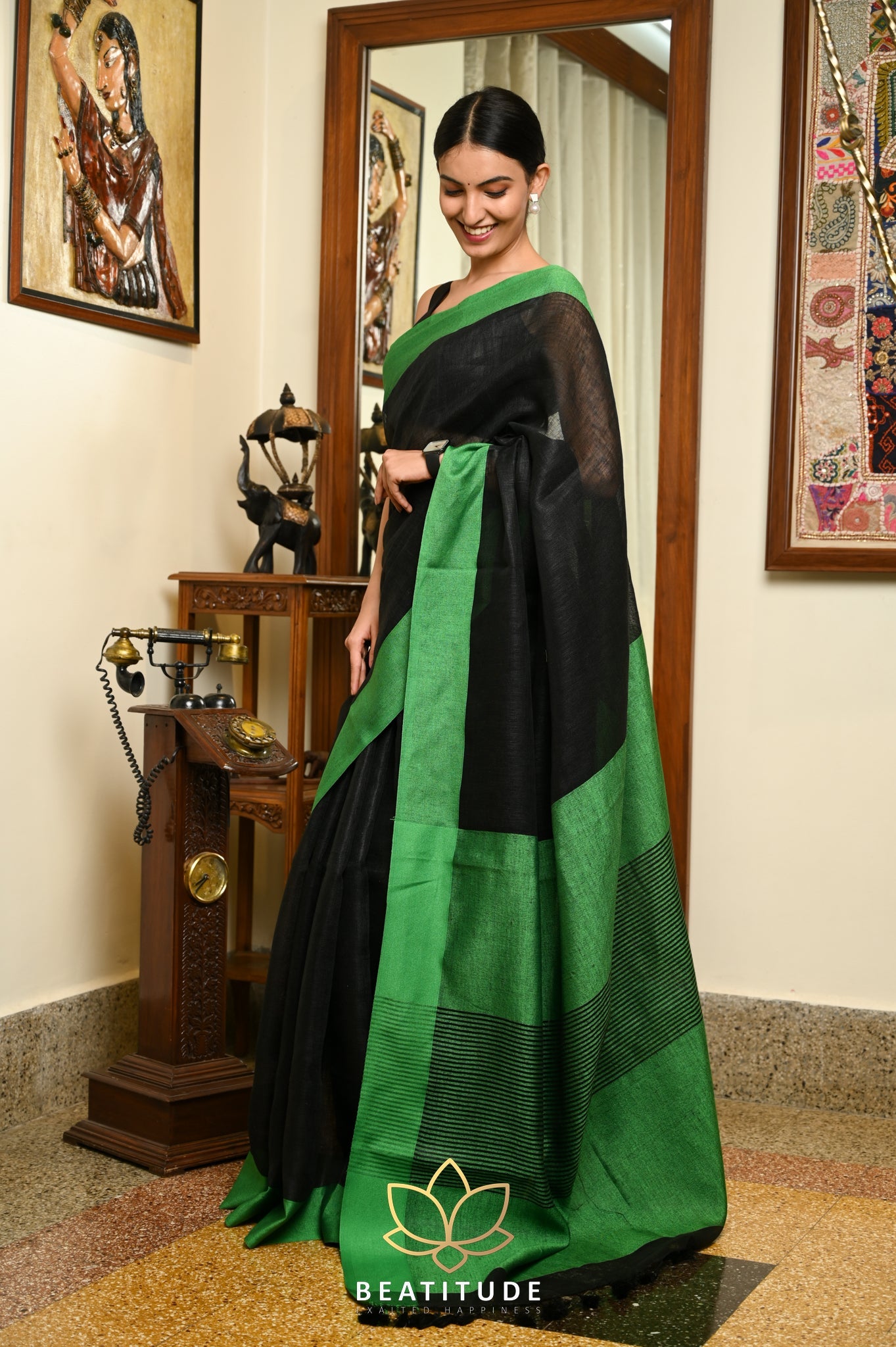 Black Handwoven Linen Saree