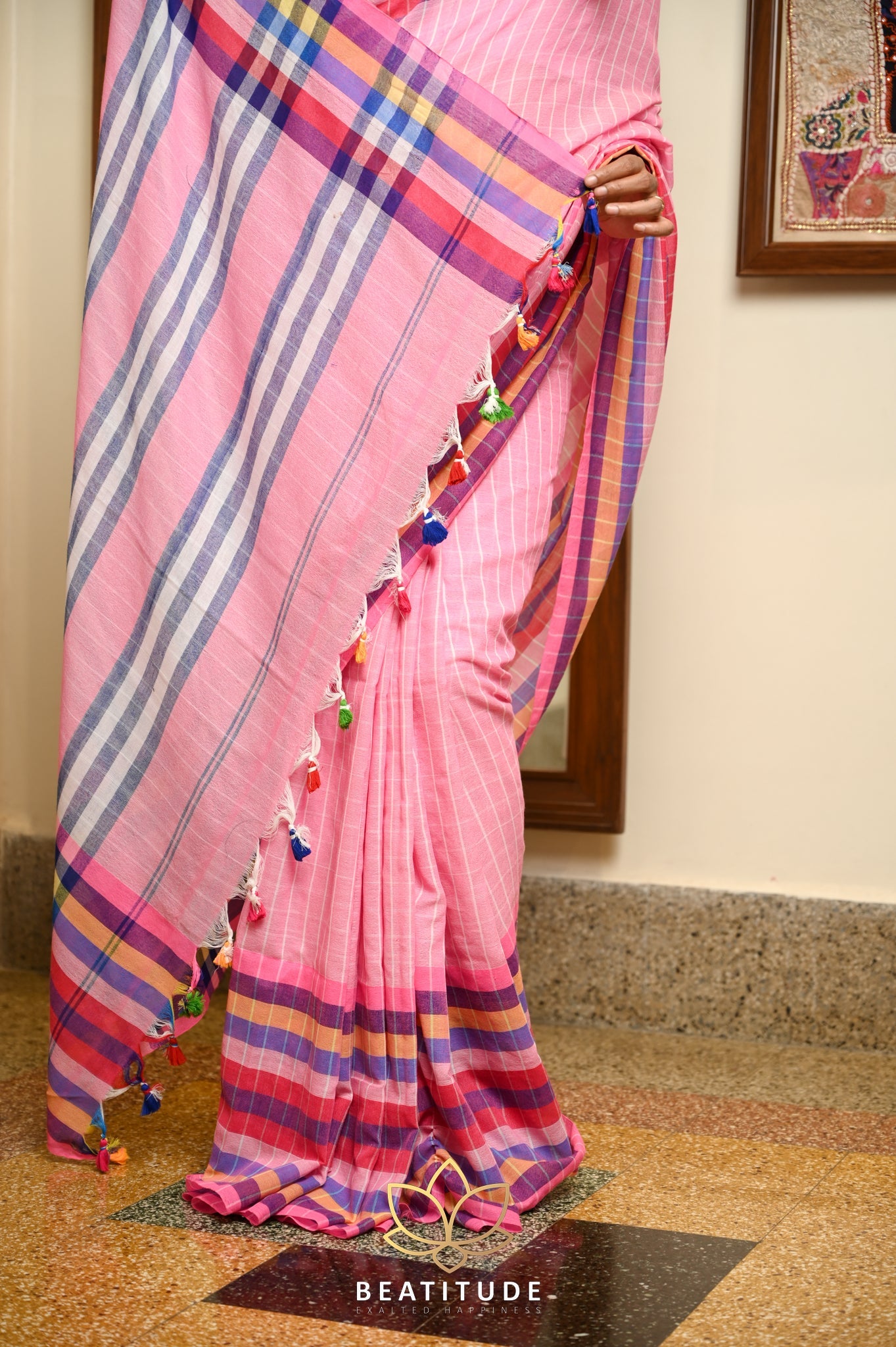 Pink Cotton Check Saree