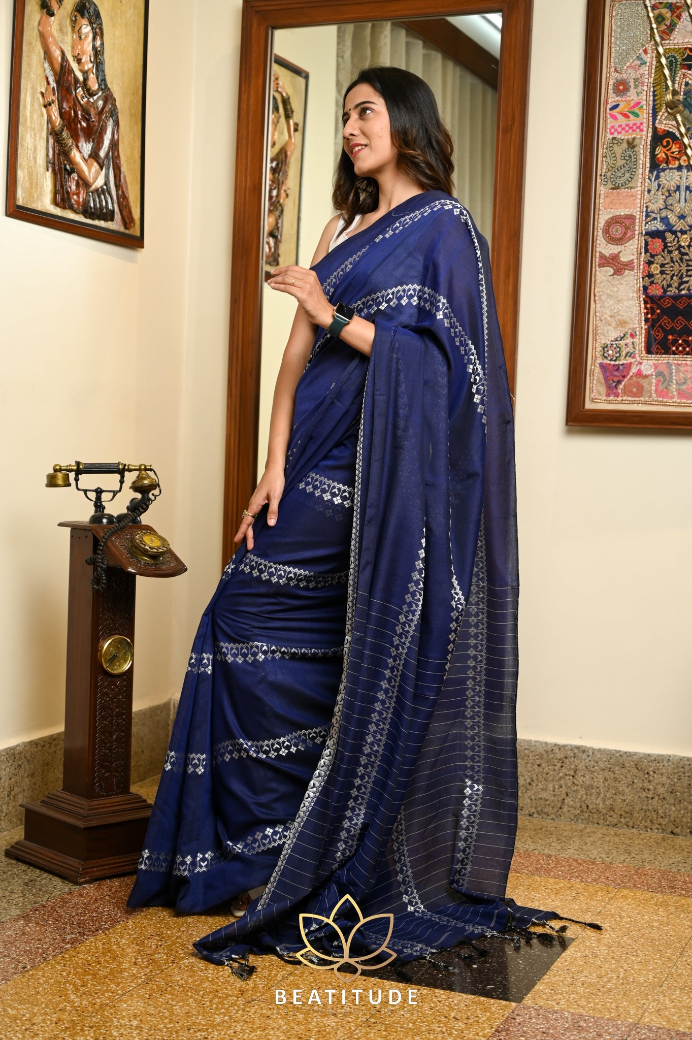 Blue Cotton Silver Zari Work Tangail saree
