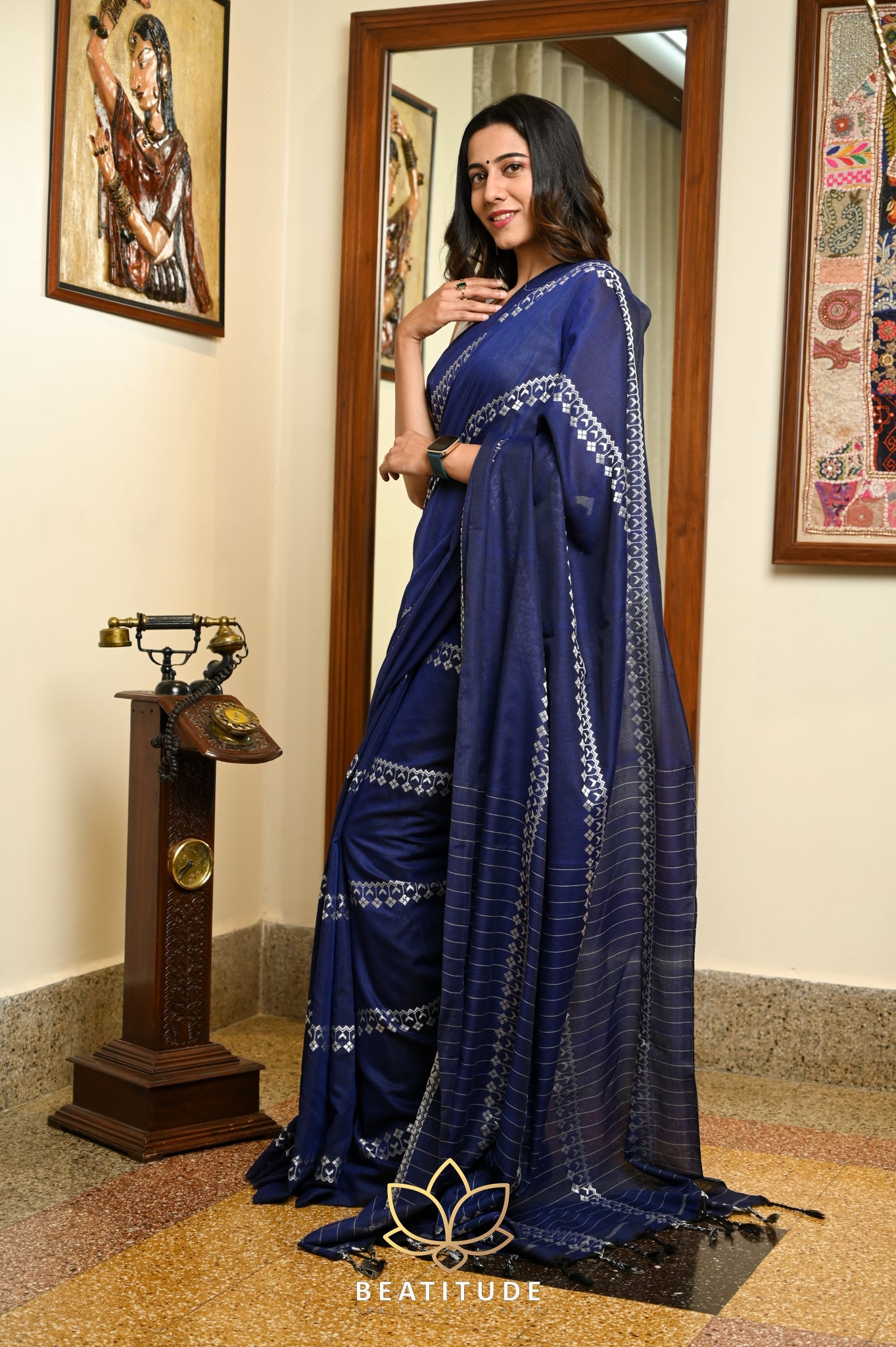 Blue Cotton Silver Zari Work Tangail saree