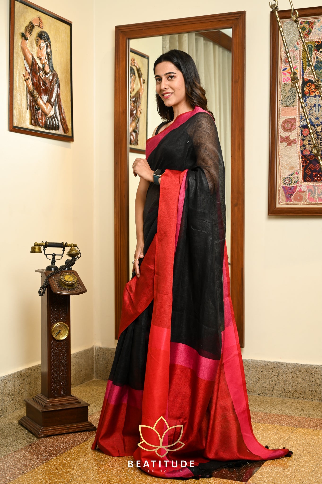 Black Handwoven Linen Saree
