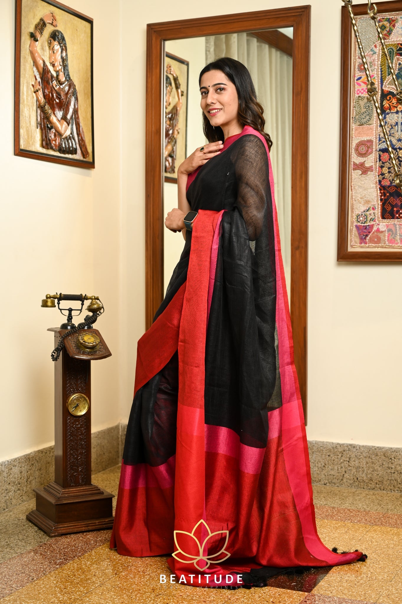 Black Handwoven Linen Saree