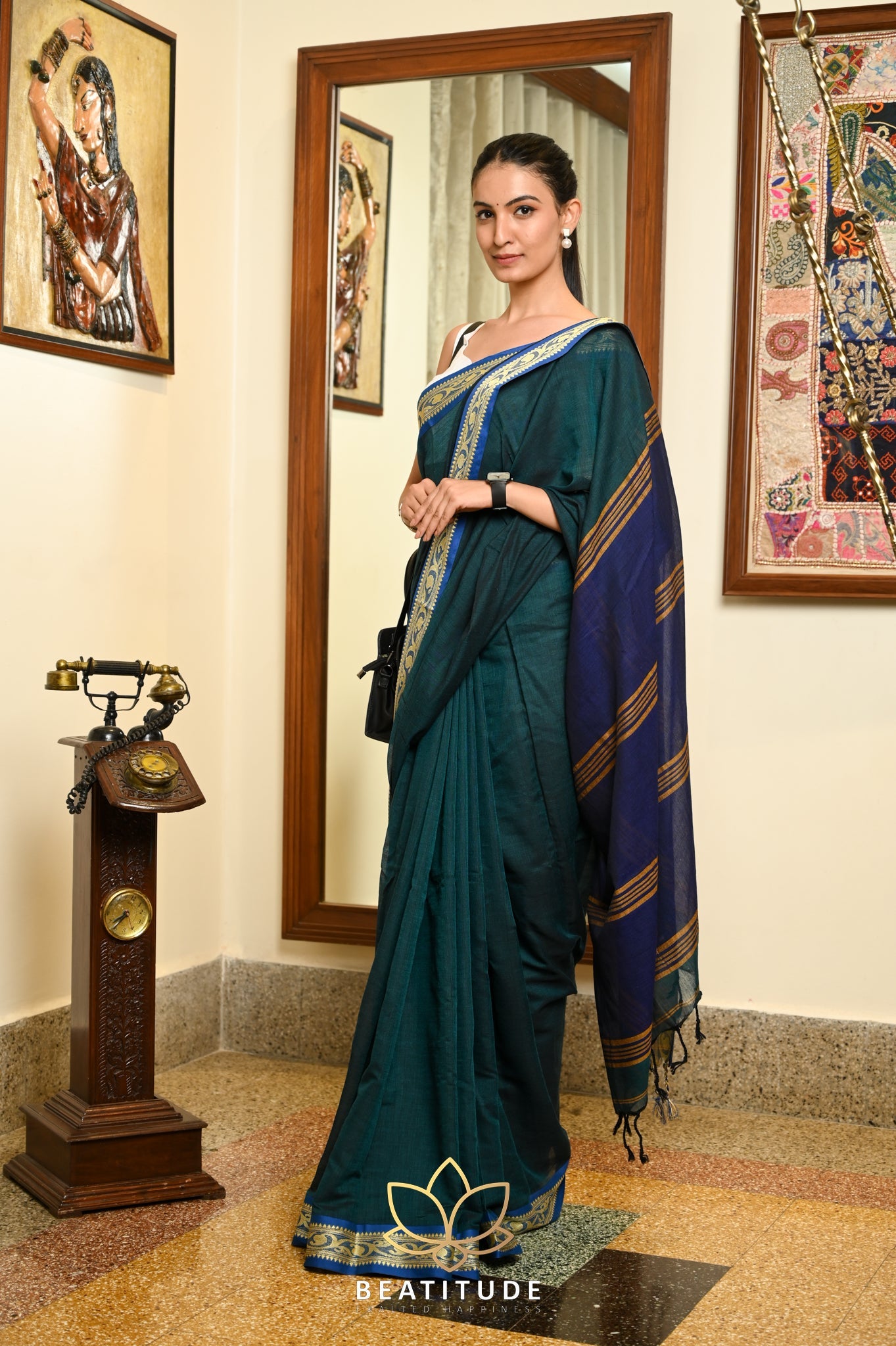 Green Cotton Handloom Jacquard Border Saree