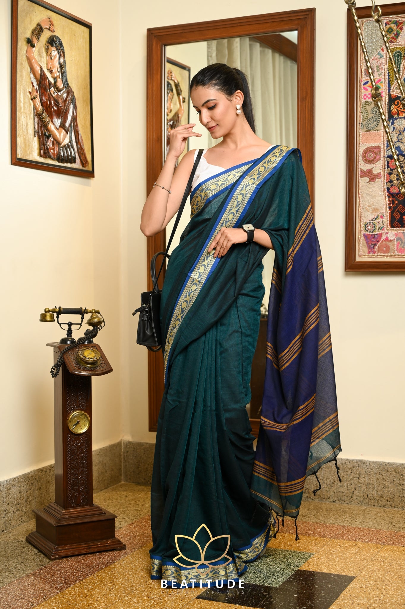 Green Cotton Handloom Jacquard Border Saree