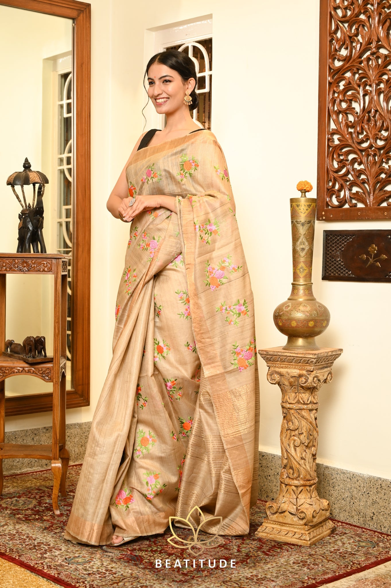 Beige Handwoven Tussar Machine Embroidery Silk Saree