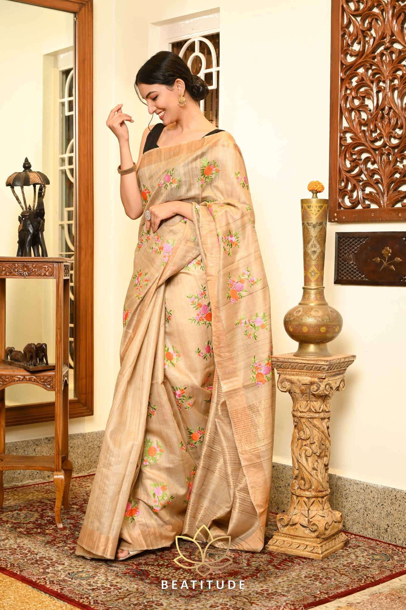 Beige Handwoven Tussar Machine Embroidery Silk Saree