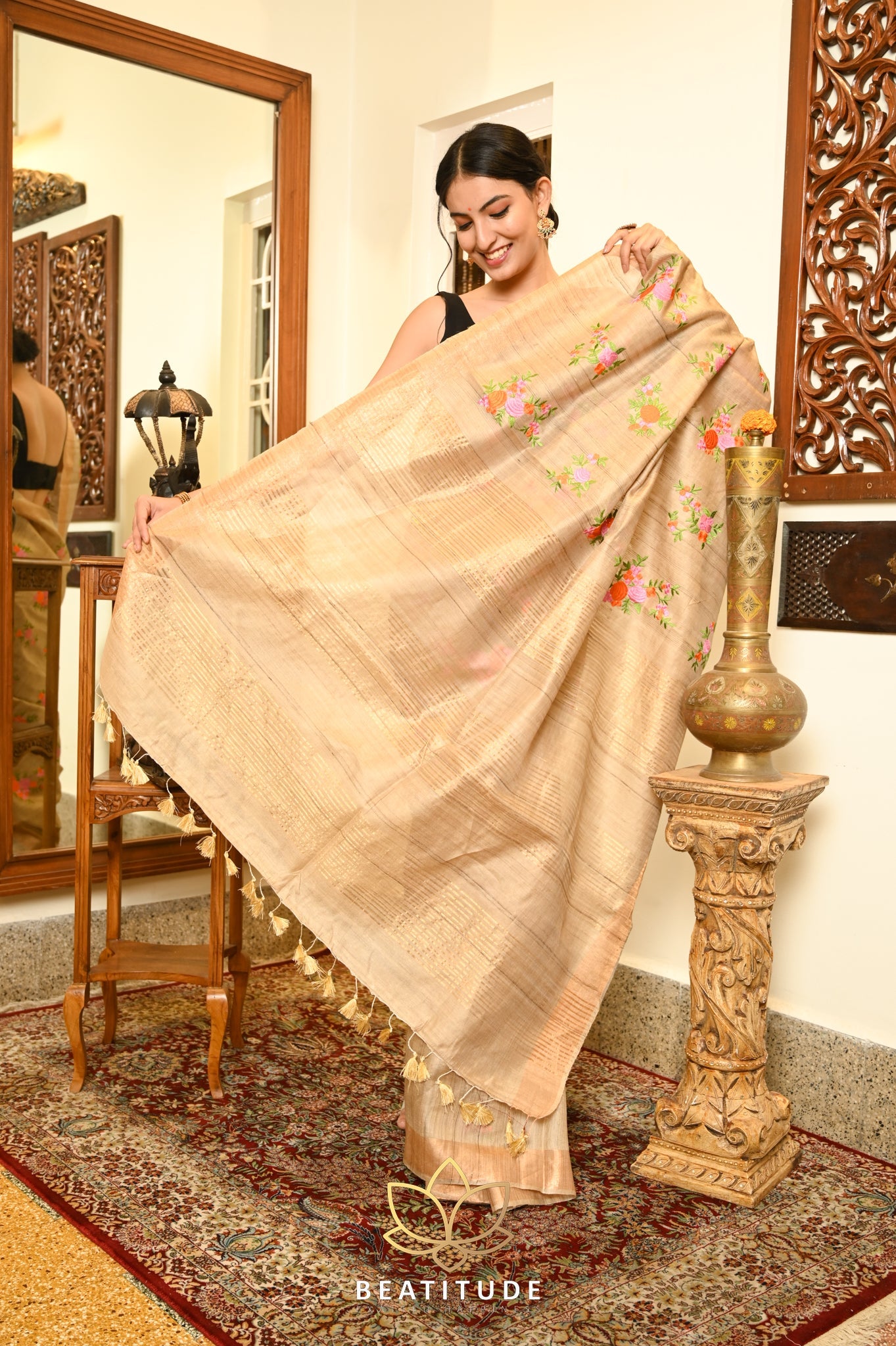 Beige Handwoven Tussar Machine Embroidery Silk Saree