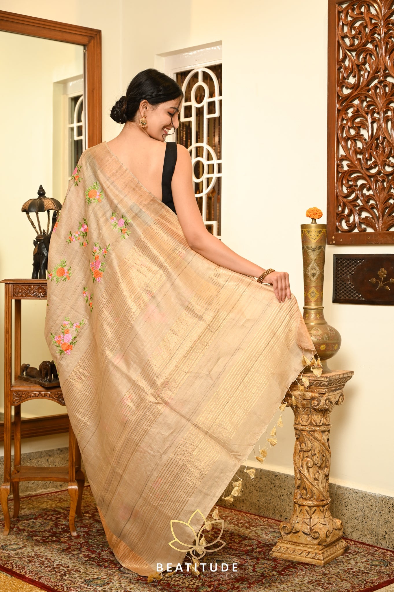 Beige Handwoven Tussar Machine Embroidery Silk Saree