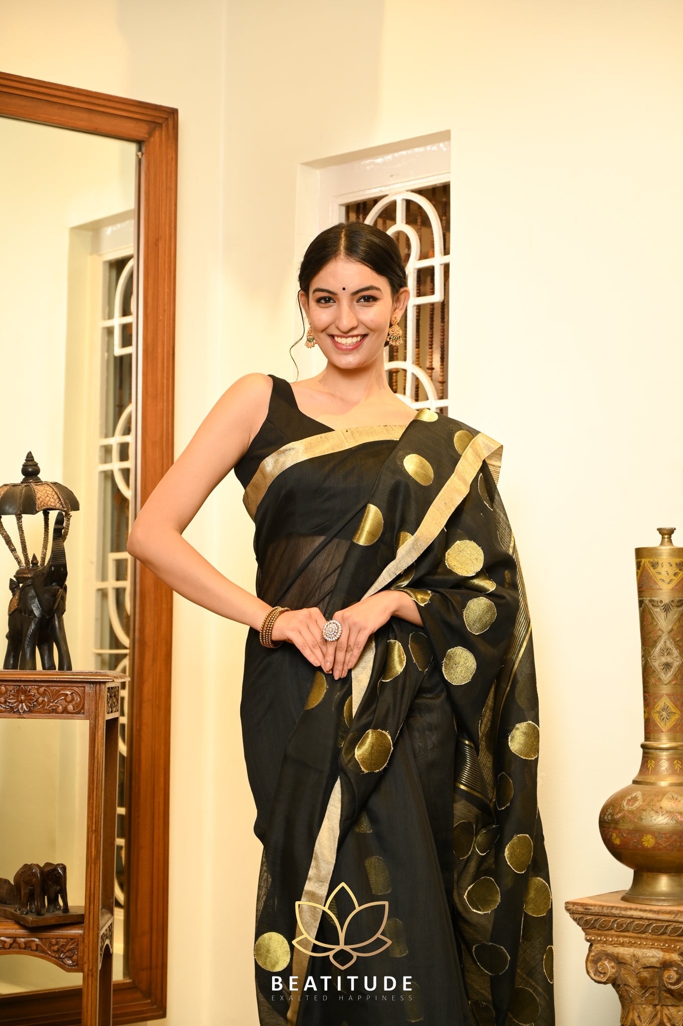 Black Cotton Silk ball Butta handloom saree