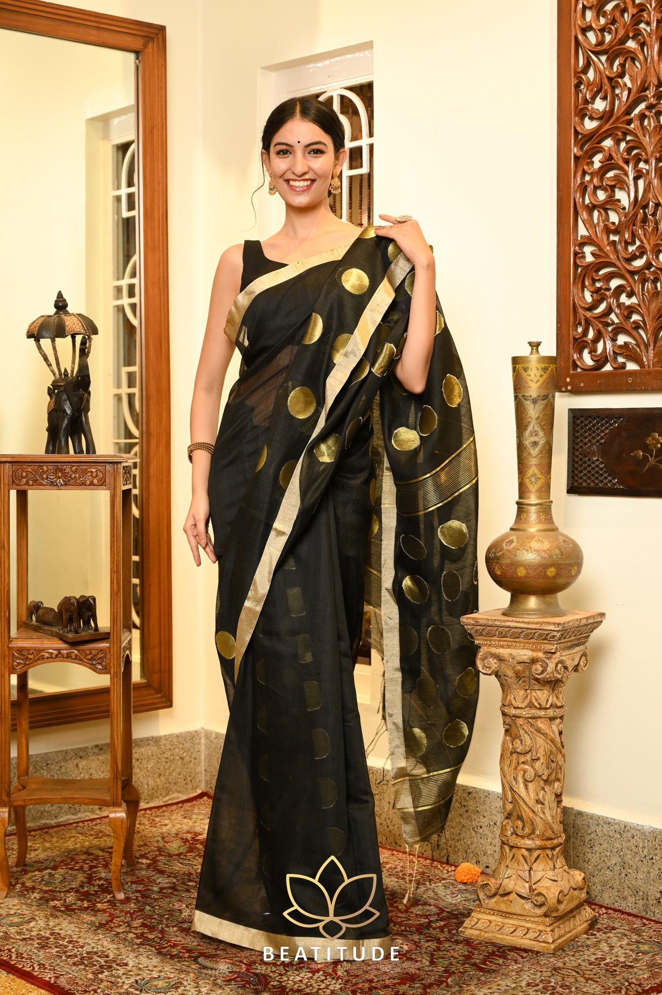 Black Cotton Silk ball Butta handloom saree
