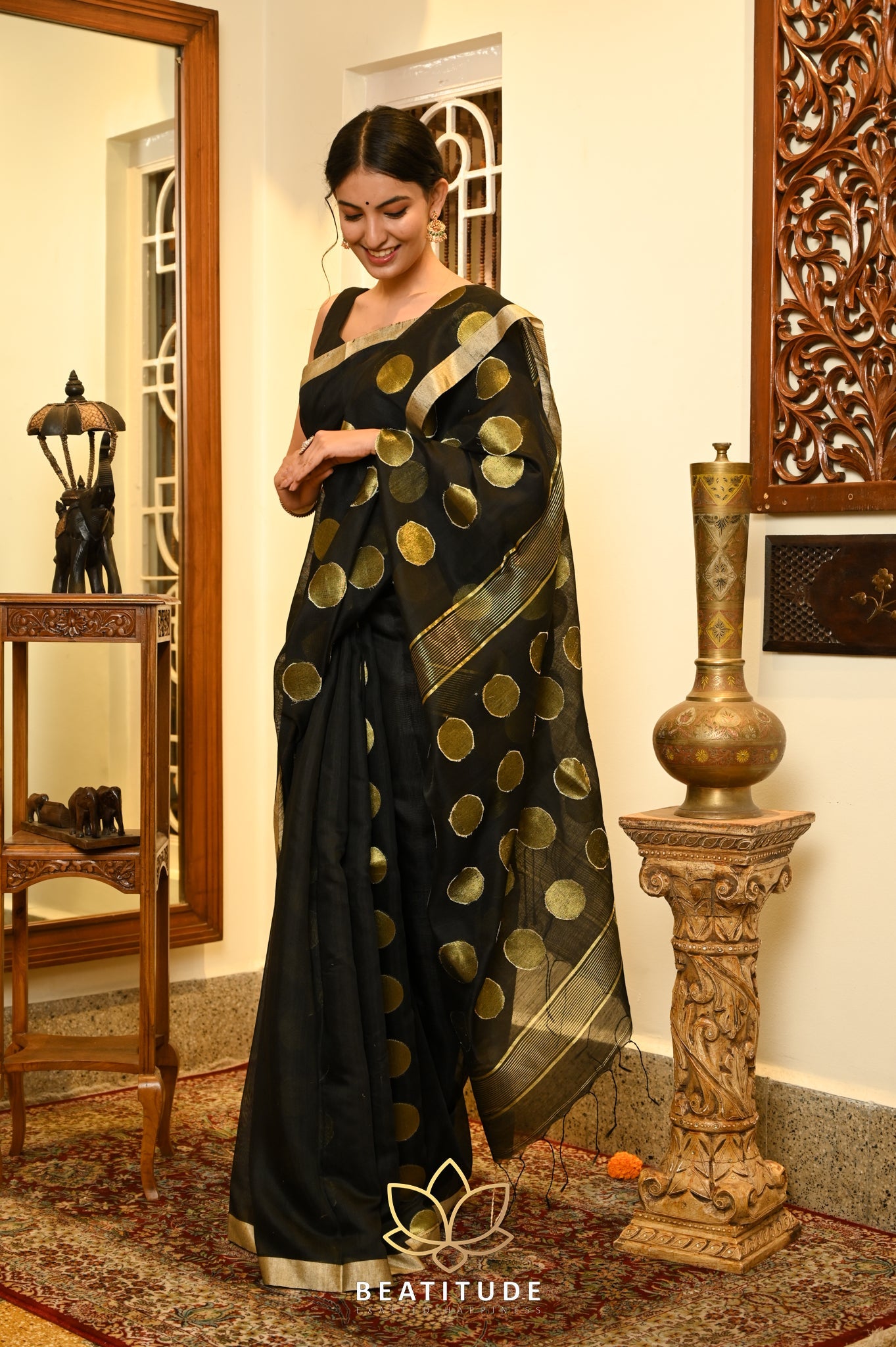 Black Cotton Silk ball Butta handloom saree