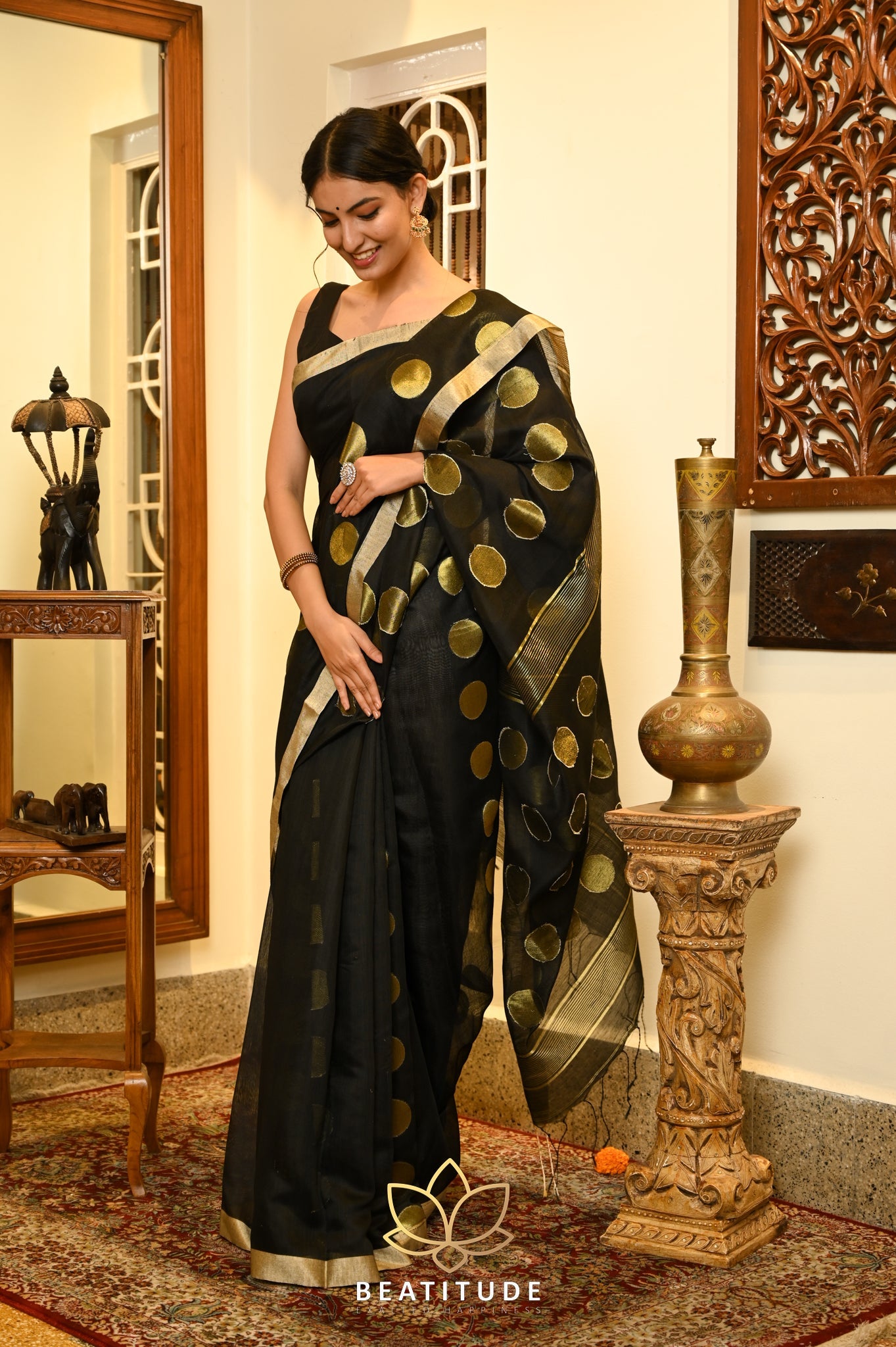 Black Cotton Silk ball Butta handloom saree