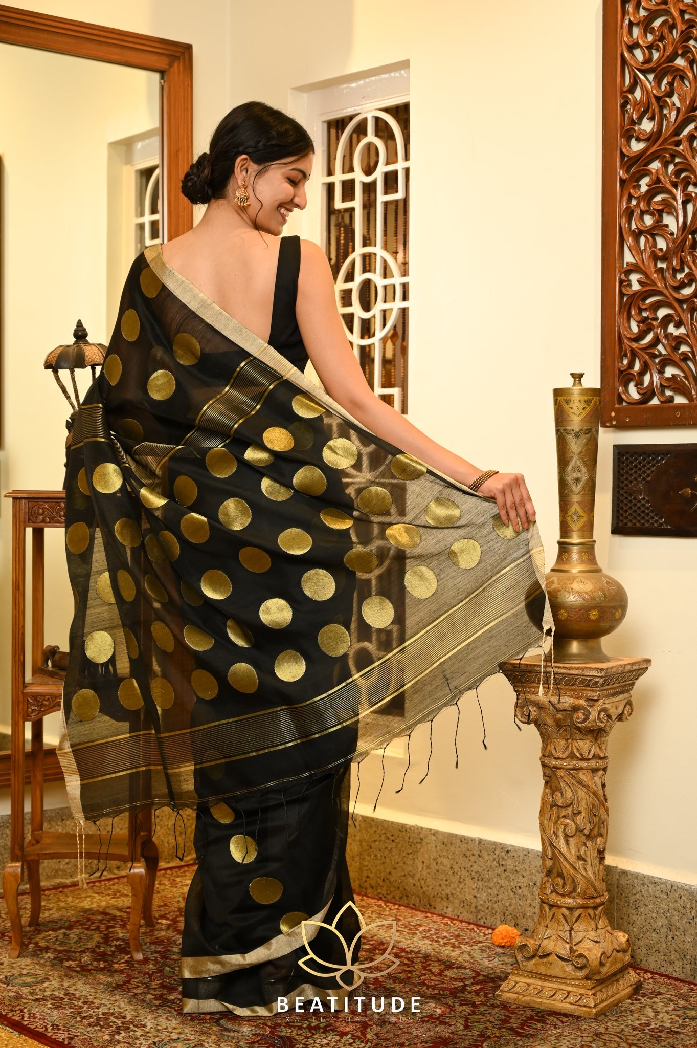 Black Cotton Silk ball Butta handloom saree