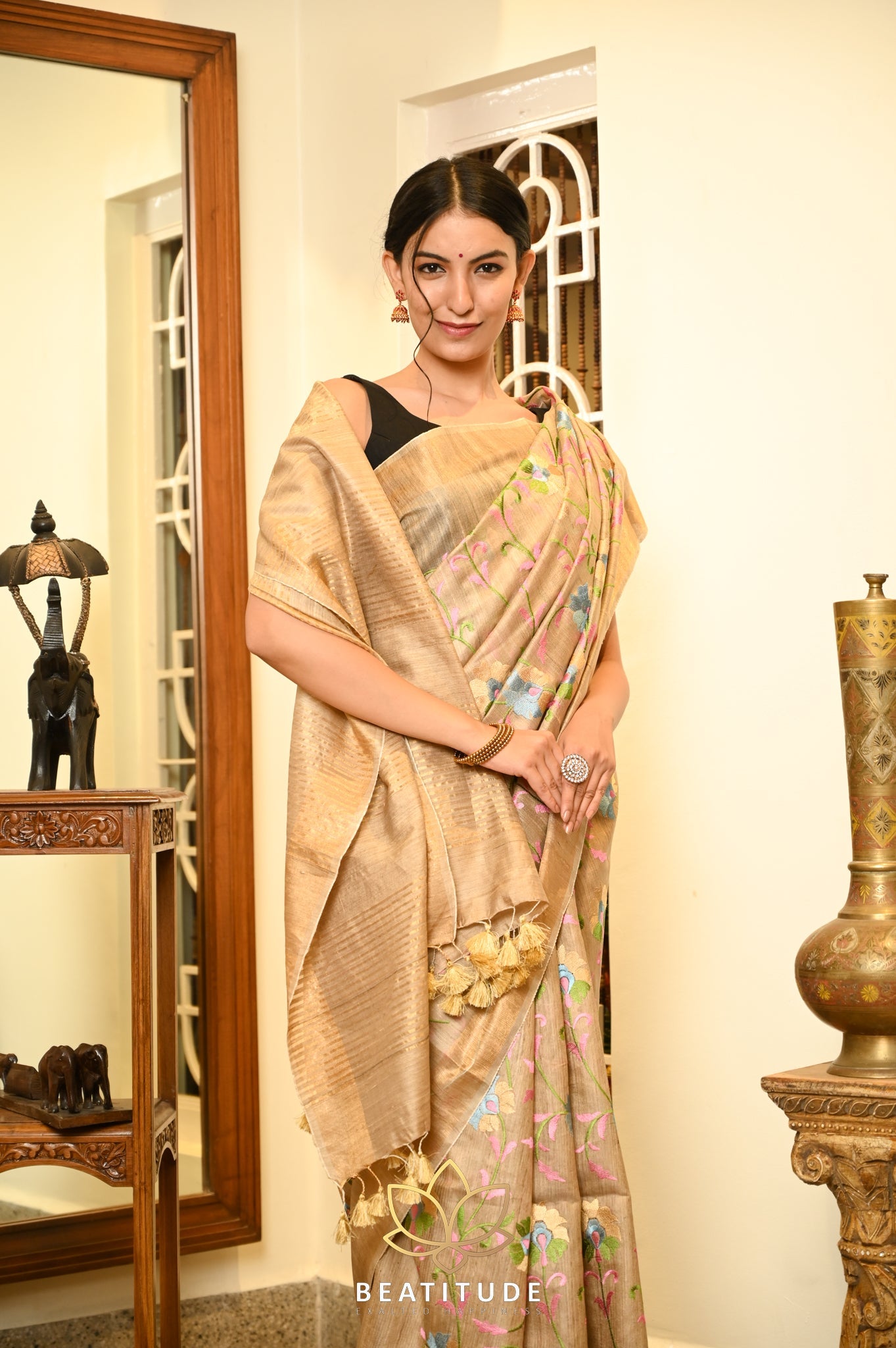 Beige Handwoven Tussar Silk Saree With Machine Embroidery