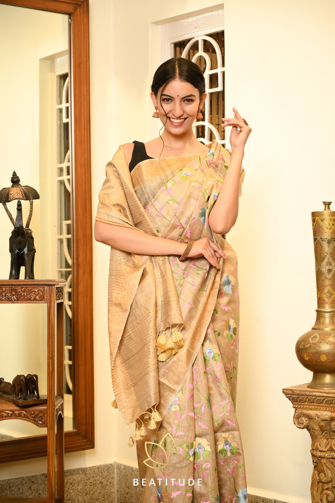 Beige Handwoven Tussar Silk Saree With Machine Embroidery