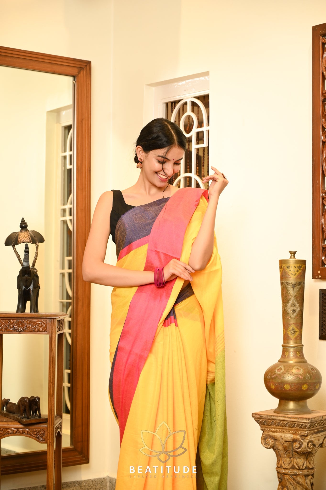 Yellow Mulmul Cotton Saree