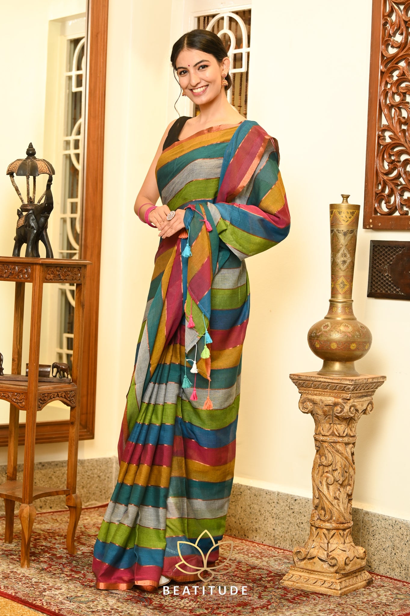 Multicolor Cotton Handloom  Stripes Saree
