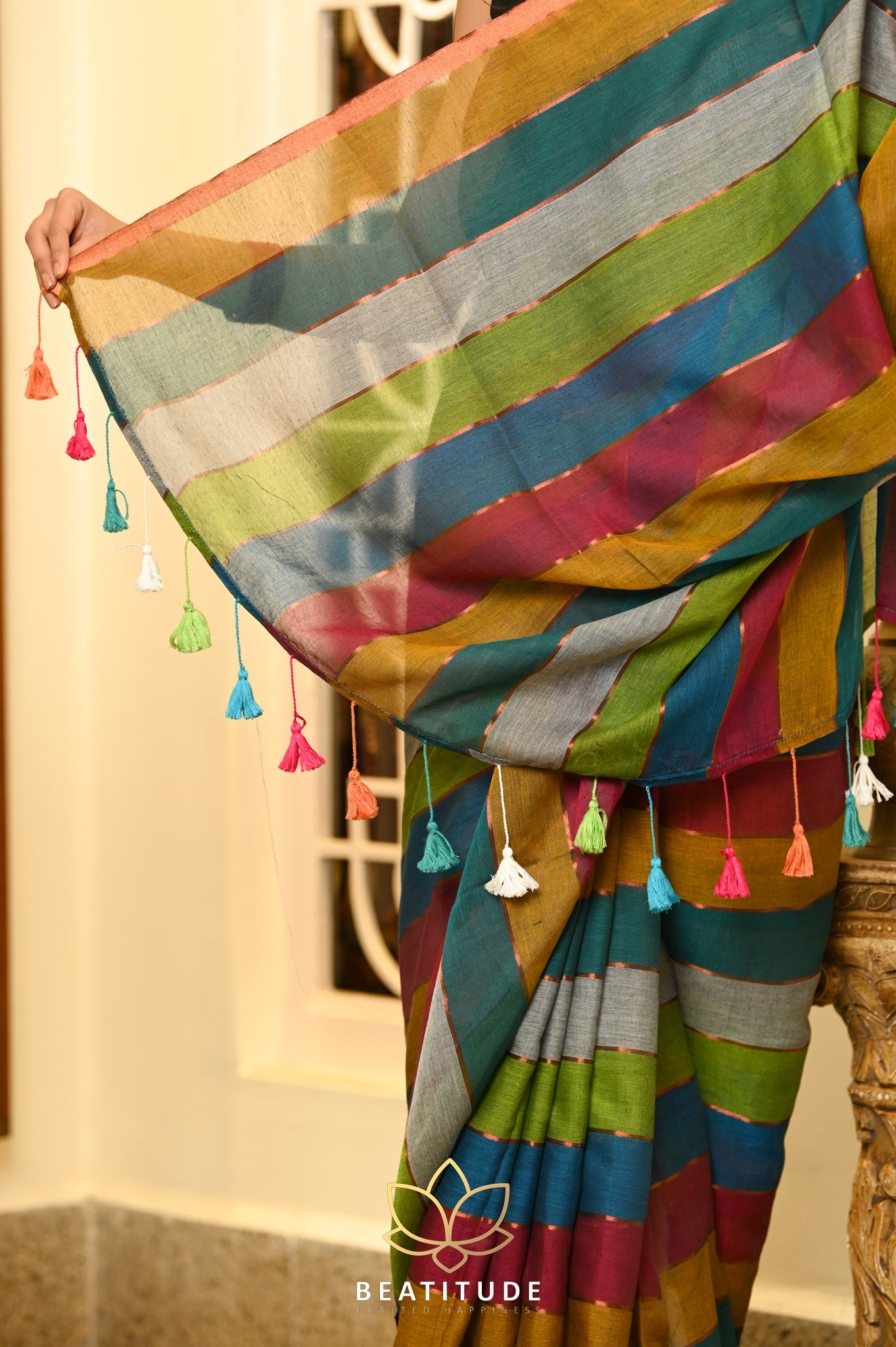 Multicolor Cotton Handloom  Stripes Saree