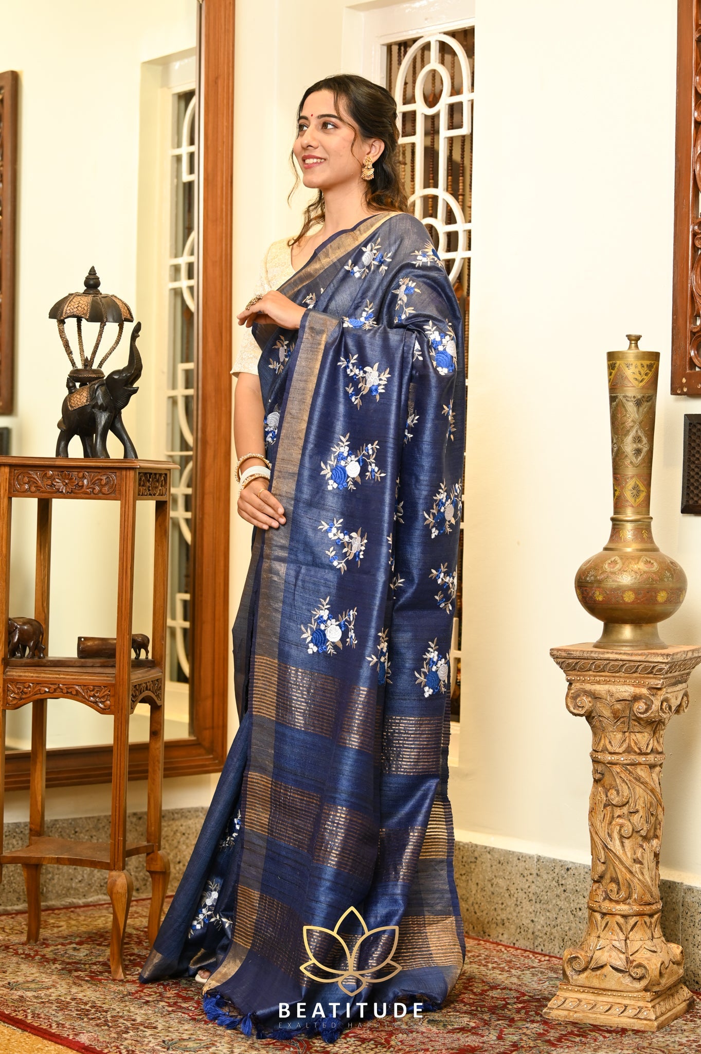 Navy Blue Handwoven Tussar Silk Saree With Machine Embroidery