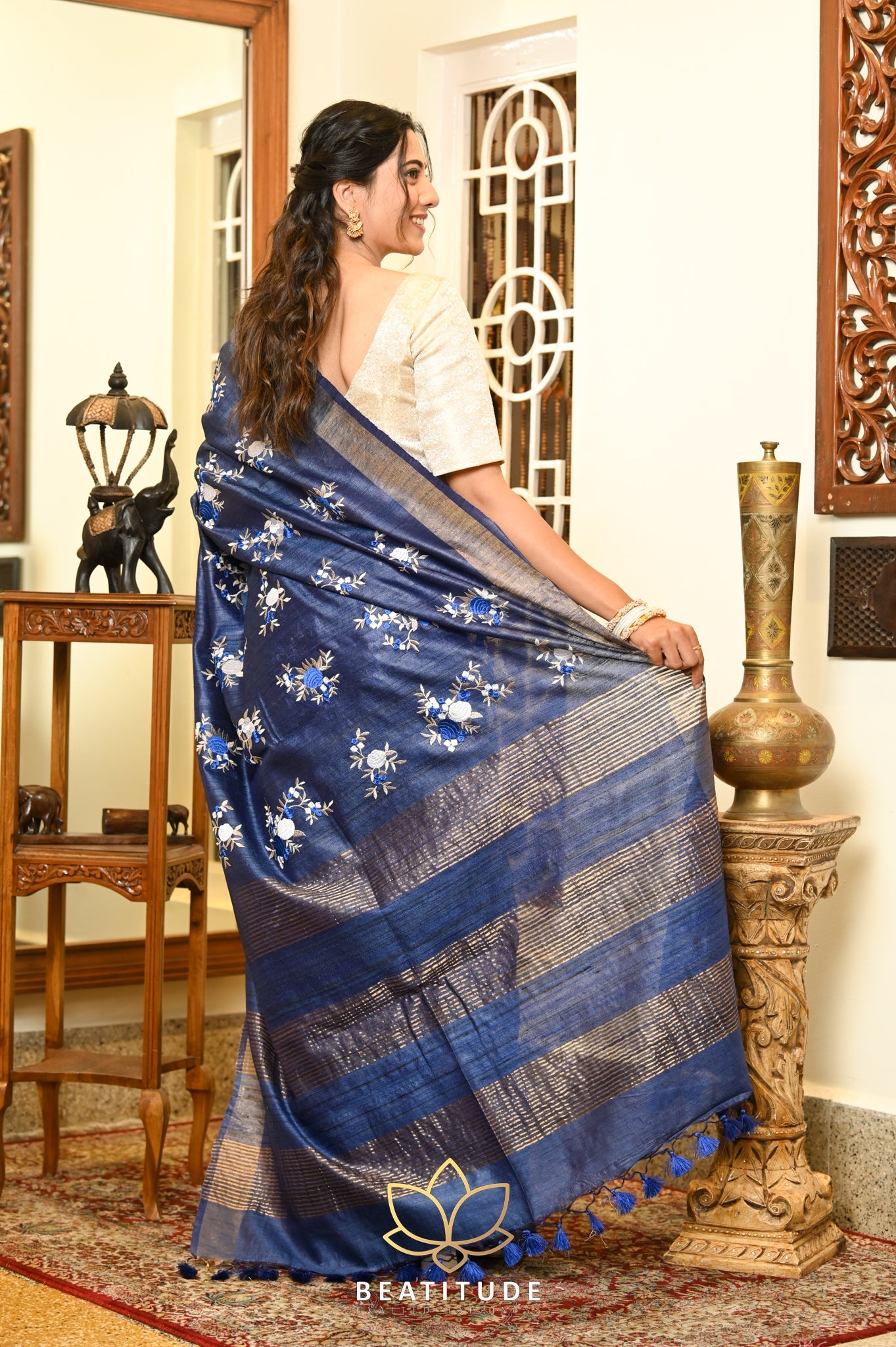 Navy Blue Handwoven Tussar Silk Saree With Machine Embroidery
