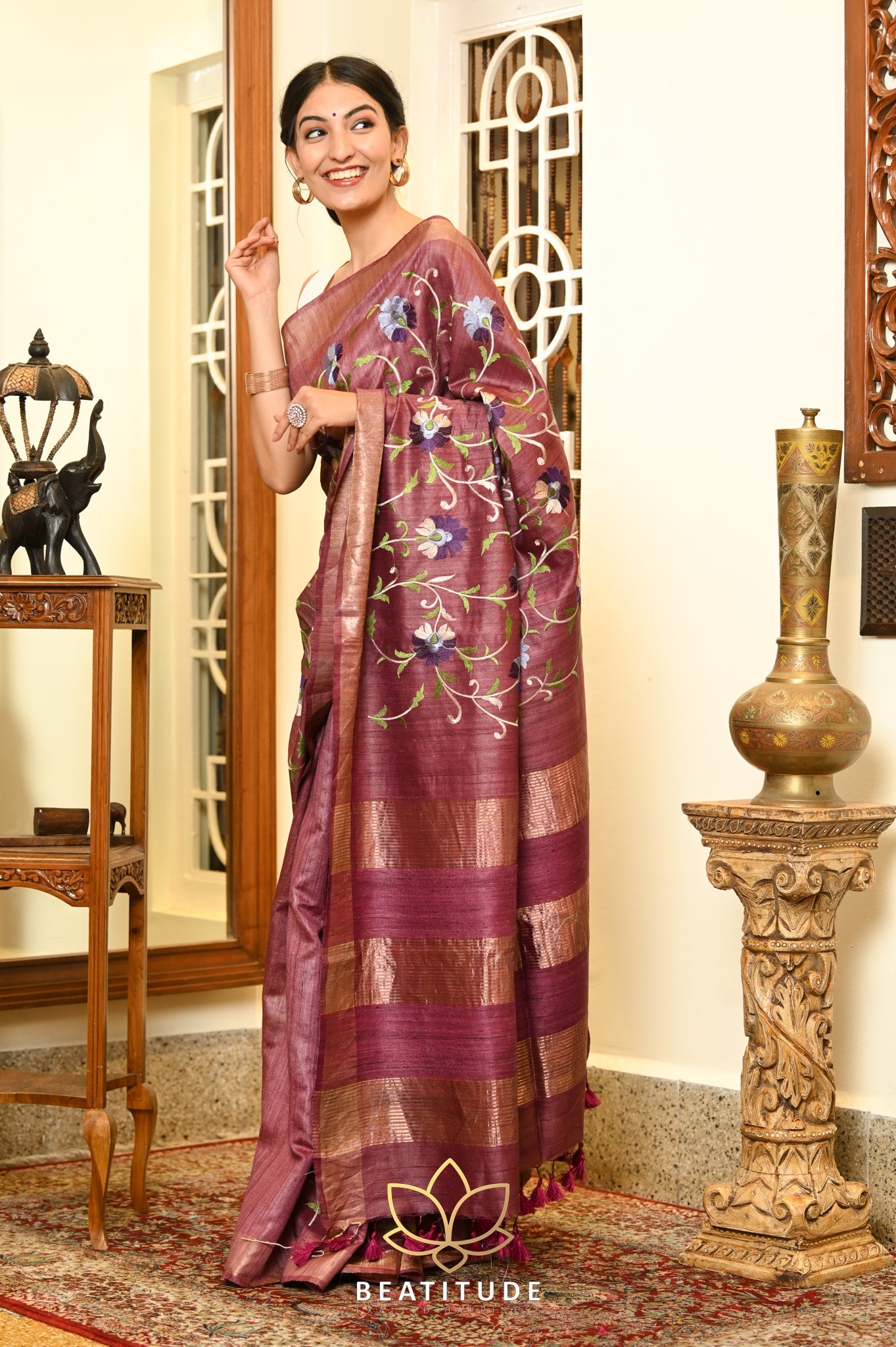 Copper Brown Handwoven Tussar Silk Saree With Machine Embroidery