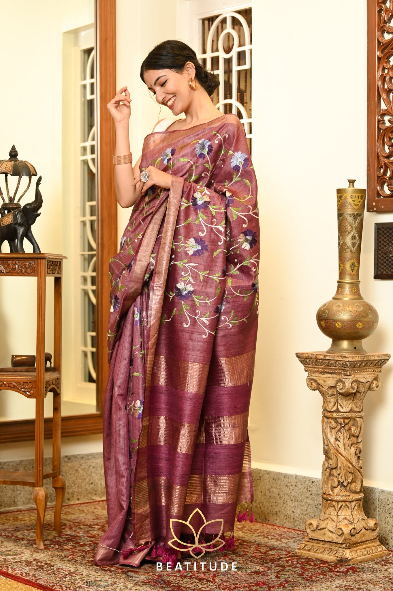 Copper Brown Handwoven Tussar Silk Saree With Machine Embroidery