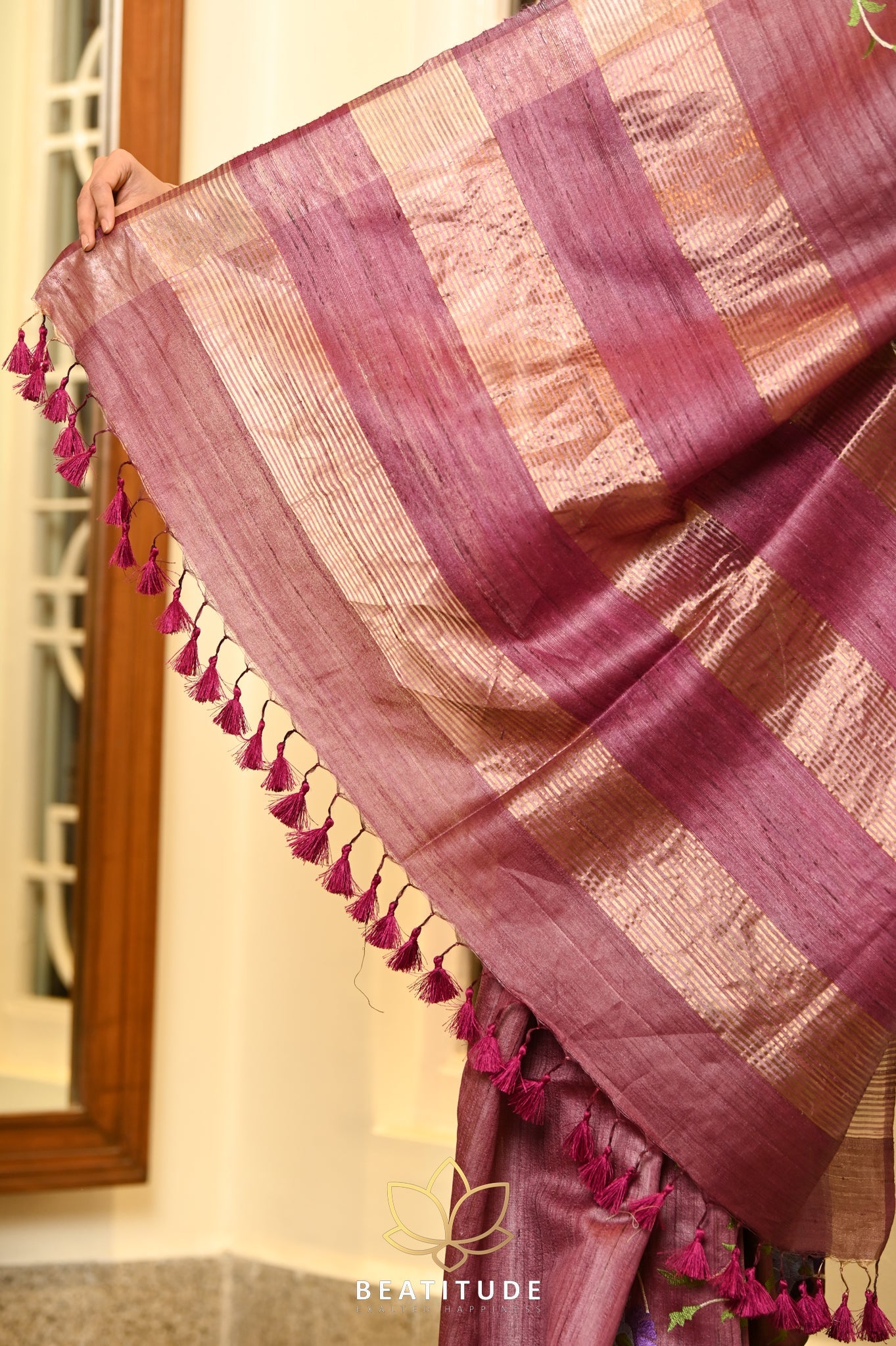 Copper Brown Handwoven Tussar Silk Saree With Machine Embroidery